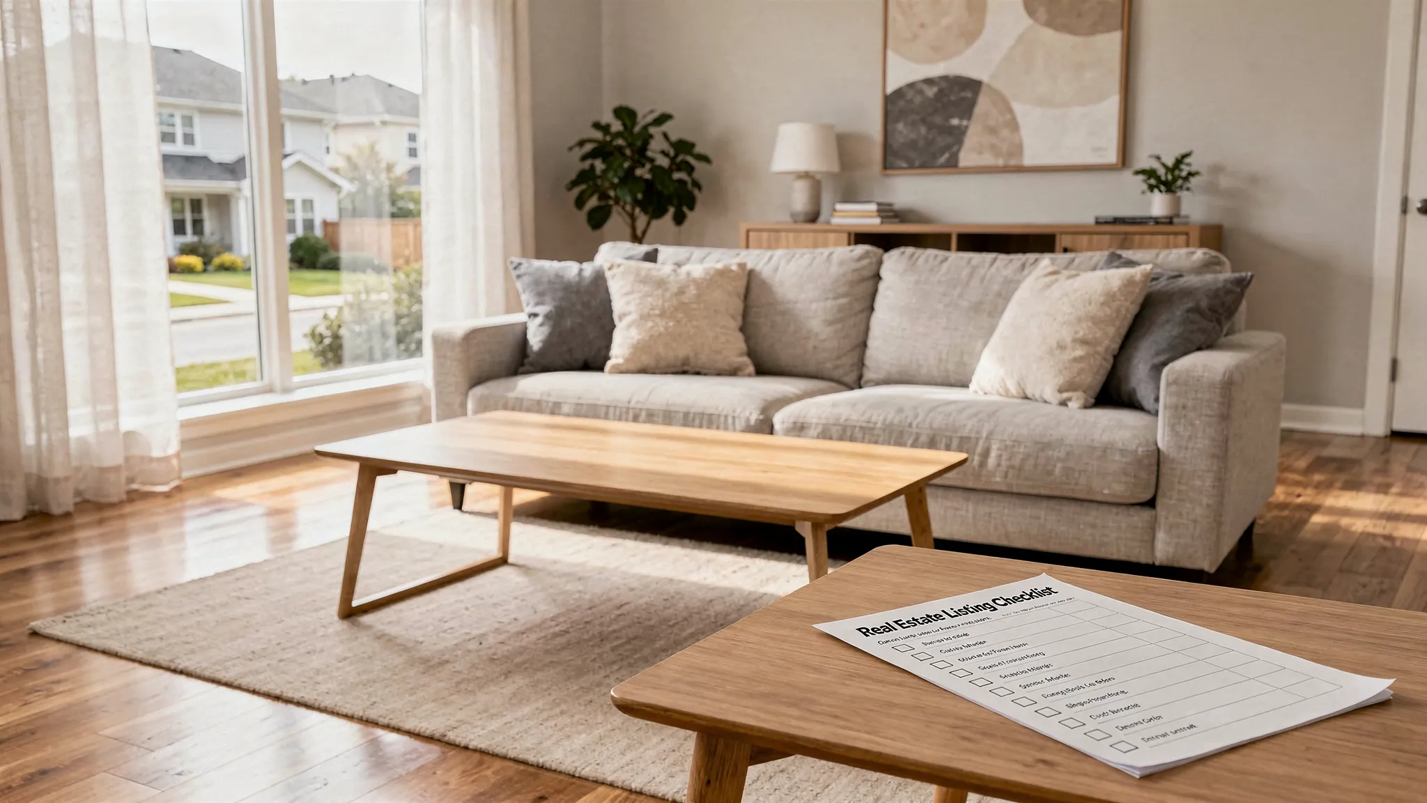 A bright, well-prepared home living room with natural light, clean surfaces, neutral furniture, and a real estate listing checklist on a table nearby.