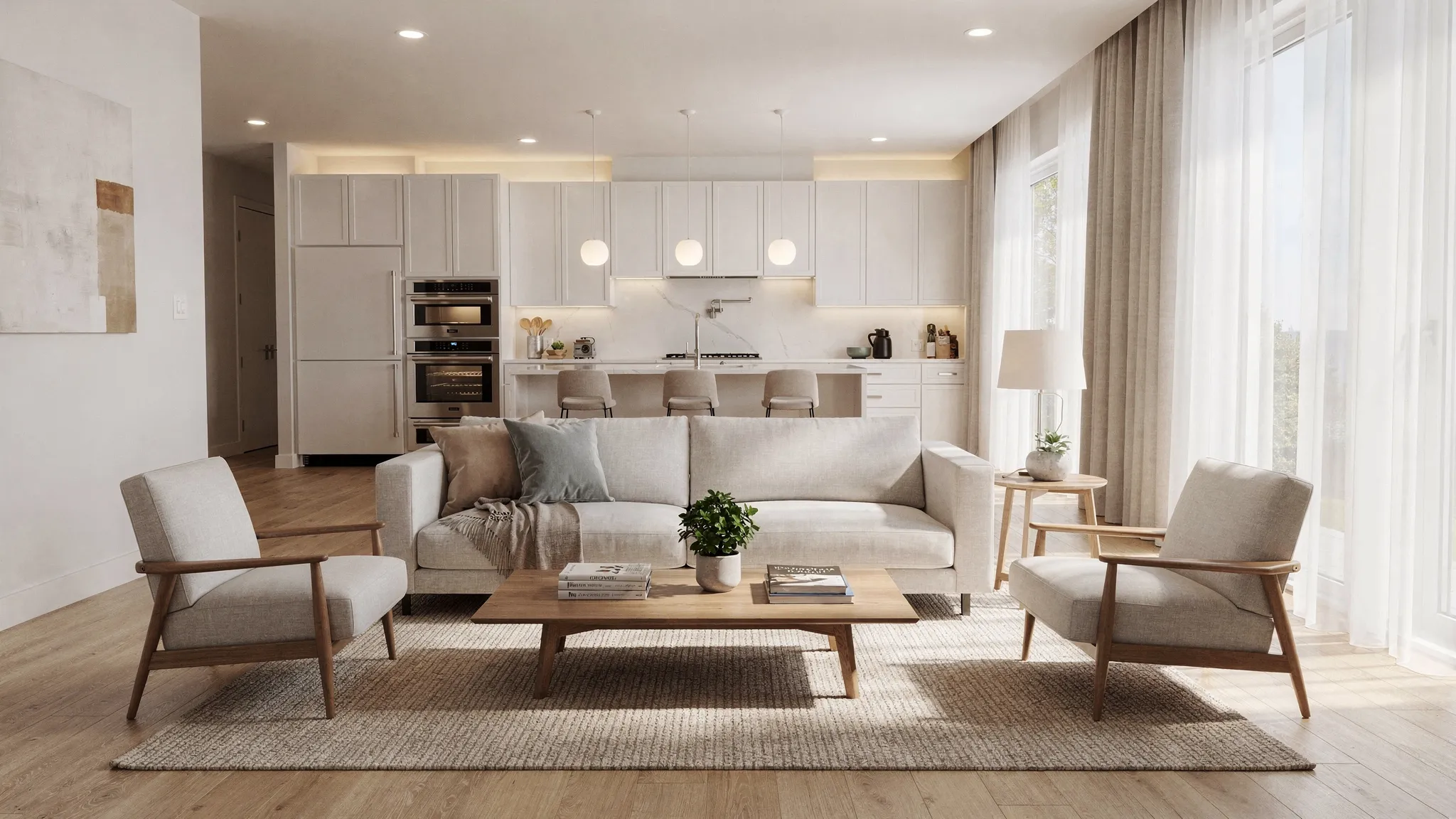 A bright, well-staged living room with natural light, neutral furniture, clean surfaces, and an open view into the kitchen, prepared for real estate listing photography.