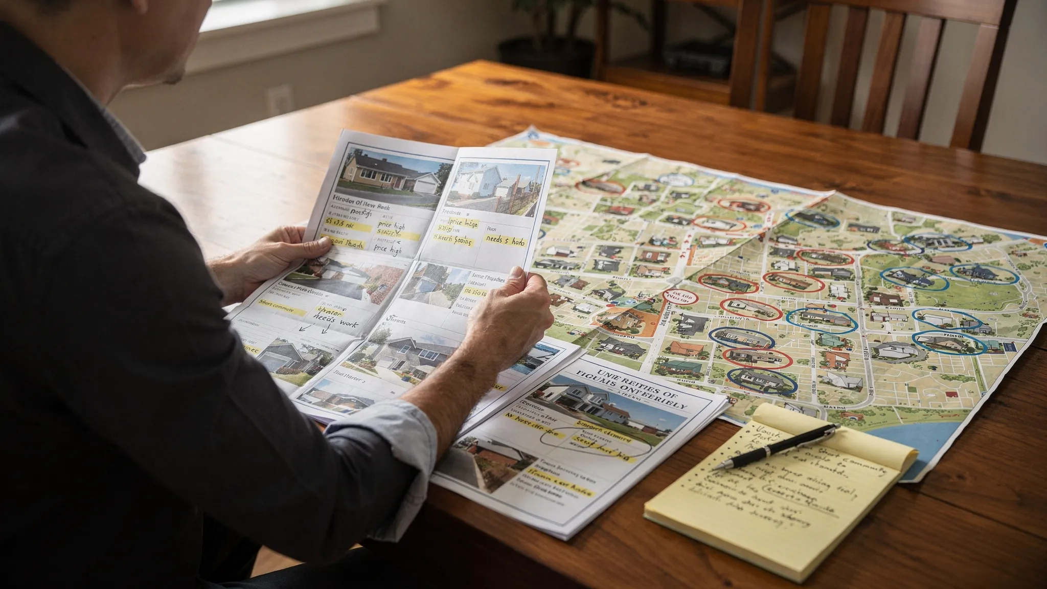 A buyer reviewing printed MLS property sheets on a table beside a neighborhood map, with several homes marked for comparison and notes about price, condition, and commute.