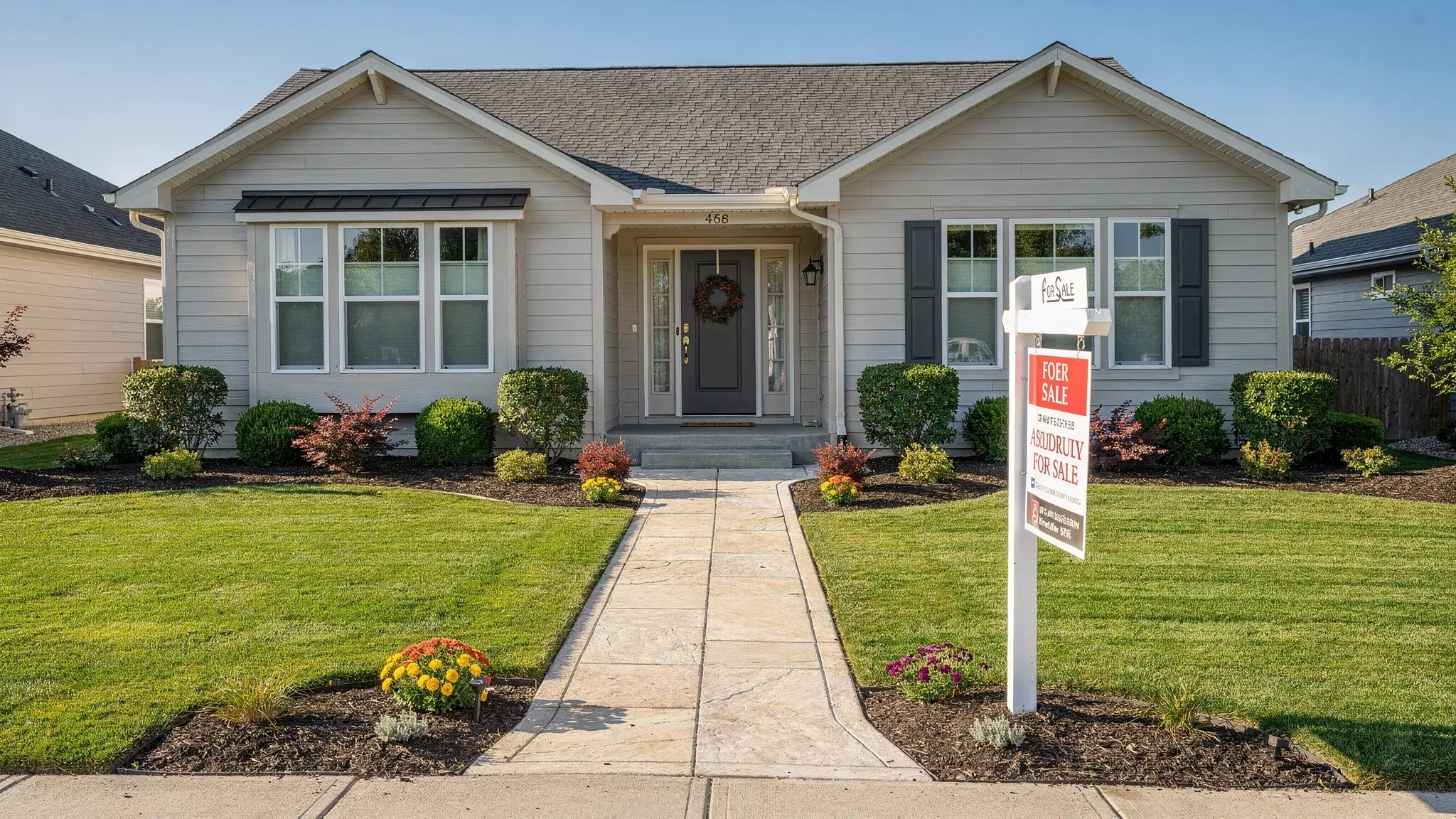 A clean, well-lit home exterior with a for sale sign near the front walkway, fresh landscaping, and an inviting entryway prepared for online listing photos.