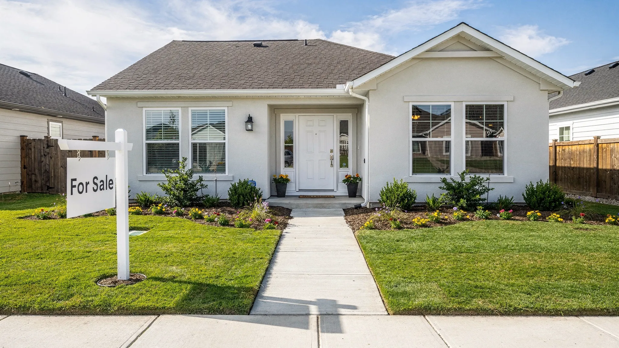 A clean, well-prepared home exterior with a for-sale sign, trimmed landscaping, and bright natural light, representing a property ready for MLS listing exposure.