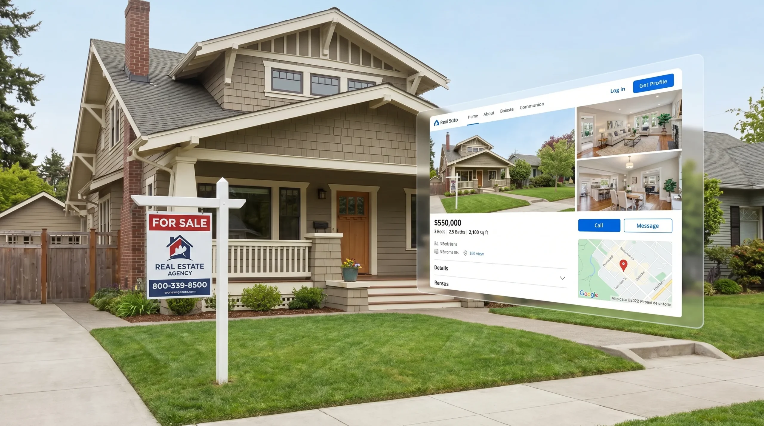A home for sale with a clean yard sign in front, while a digital listing profile with photos, price, property details, and map location appears beside it.