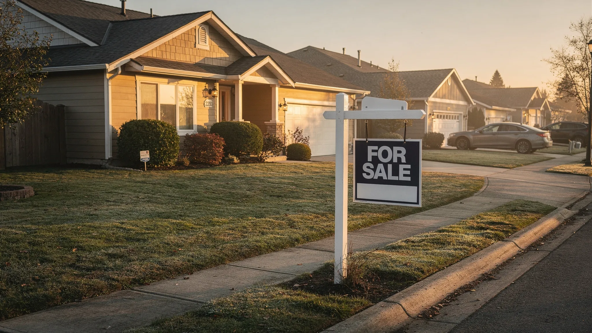 A quiet residential street at sunrise with a newly placed for sale sign in front of a well-kept home, suggesting a fresh property listing before the neighborhood becomes busy.