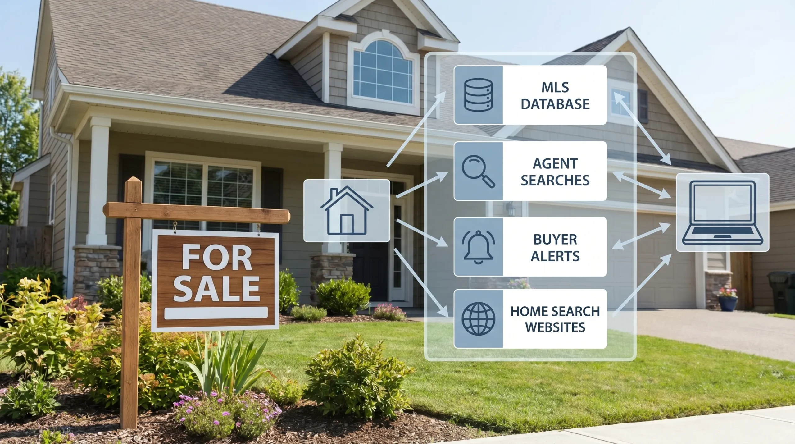 A well-presented home with a for-sale sign in front, connected visually to a simple flow of real estate channels such as MLS, agent searches, buyer alerts, and home search websites.