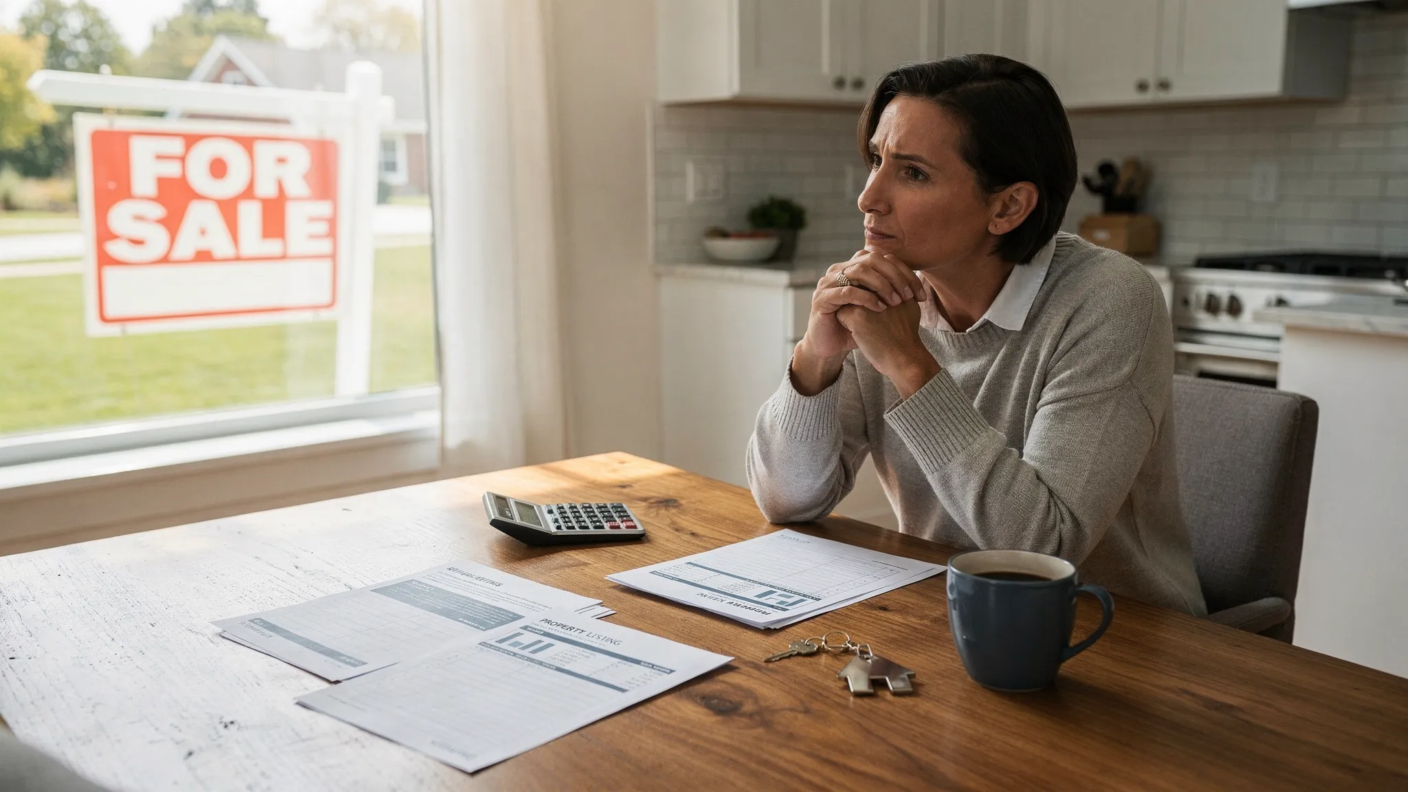 A homeowner comparing real estate selling options at a kitchen table with printed listing documents, a calculator, a house key, and a for-sale sign visible through the window.