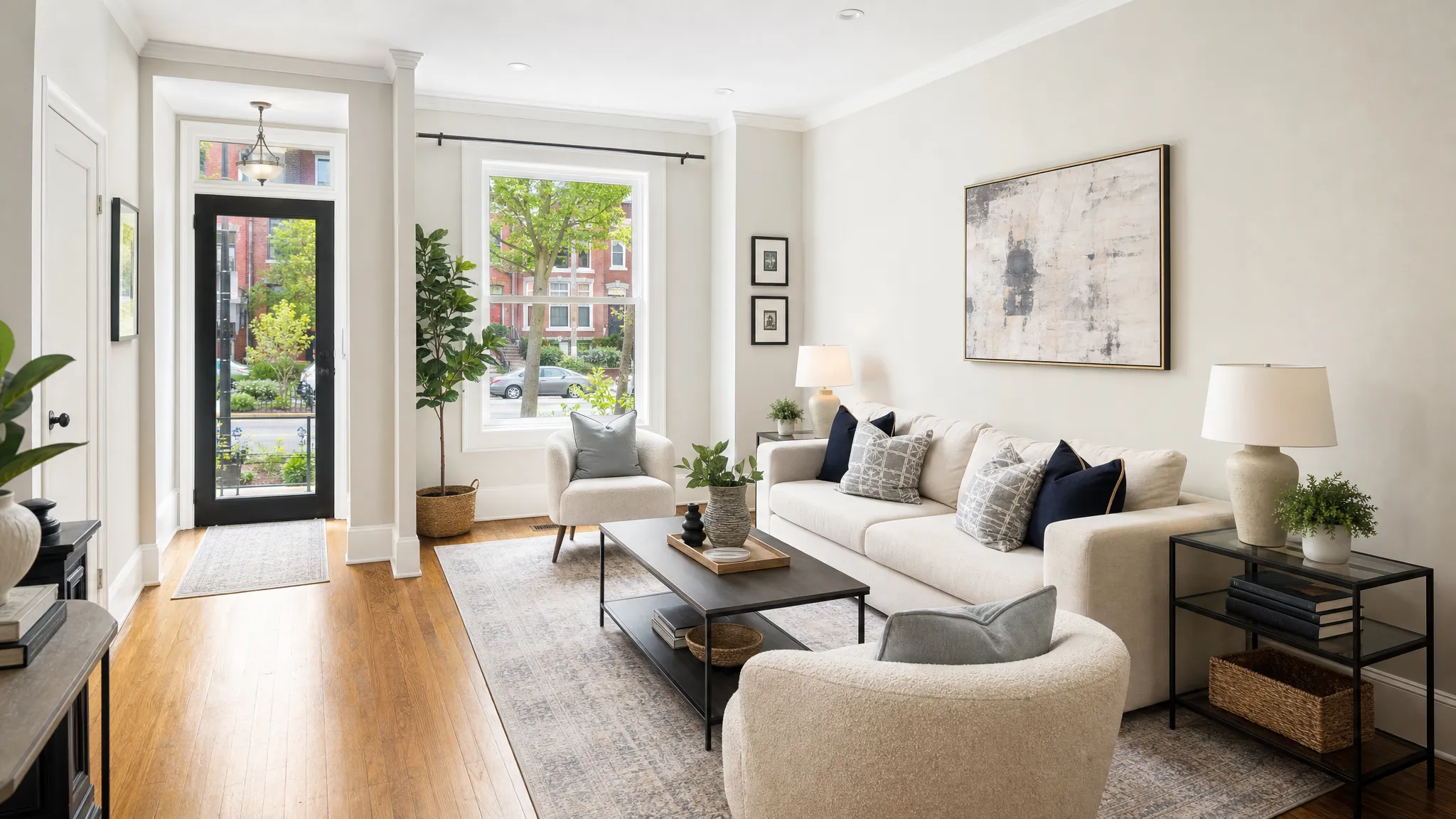 A bright Washington, D.C. rowhouse living room prepared for listing photos, with clean staging, natural light, hardwood floors, and a glimpse of a landscaped front street through the window.