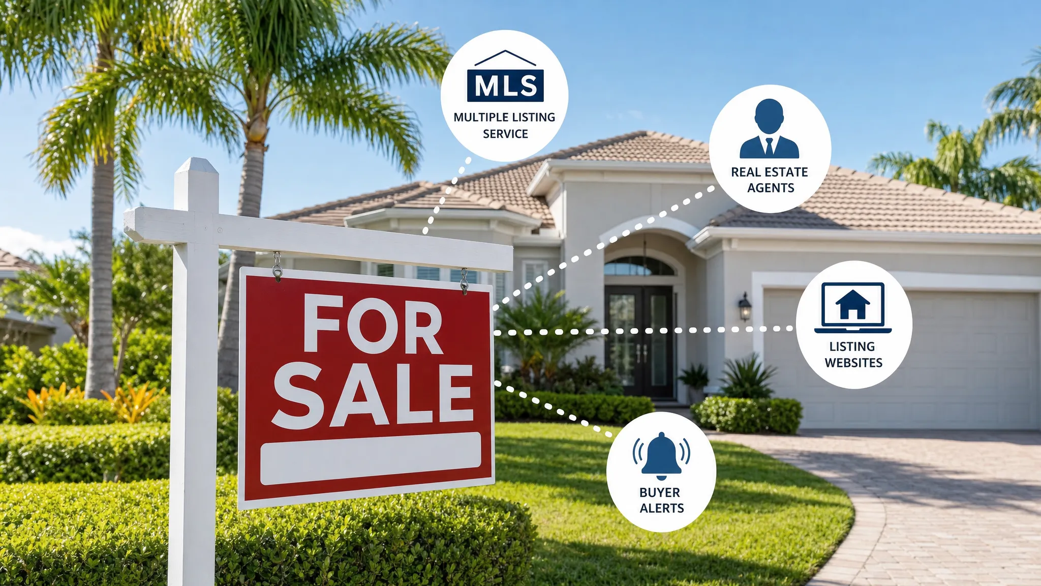 A Florida home with a for sale sign in front, with simple icons around it representing the MLS, real estate agents, listing websites, and buyer alerts.