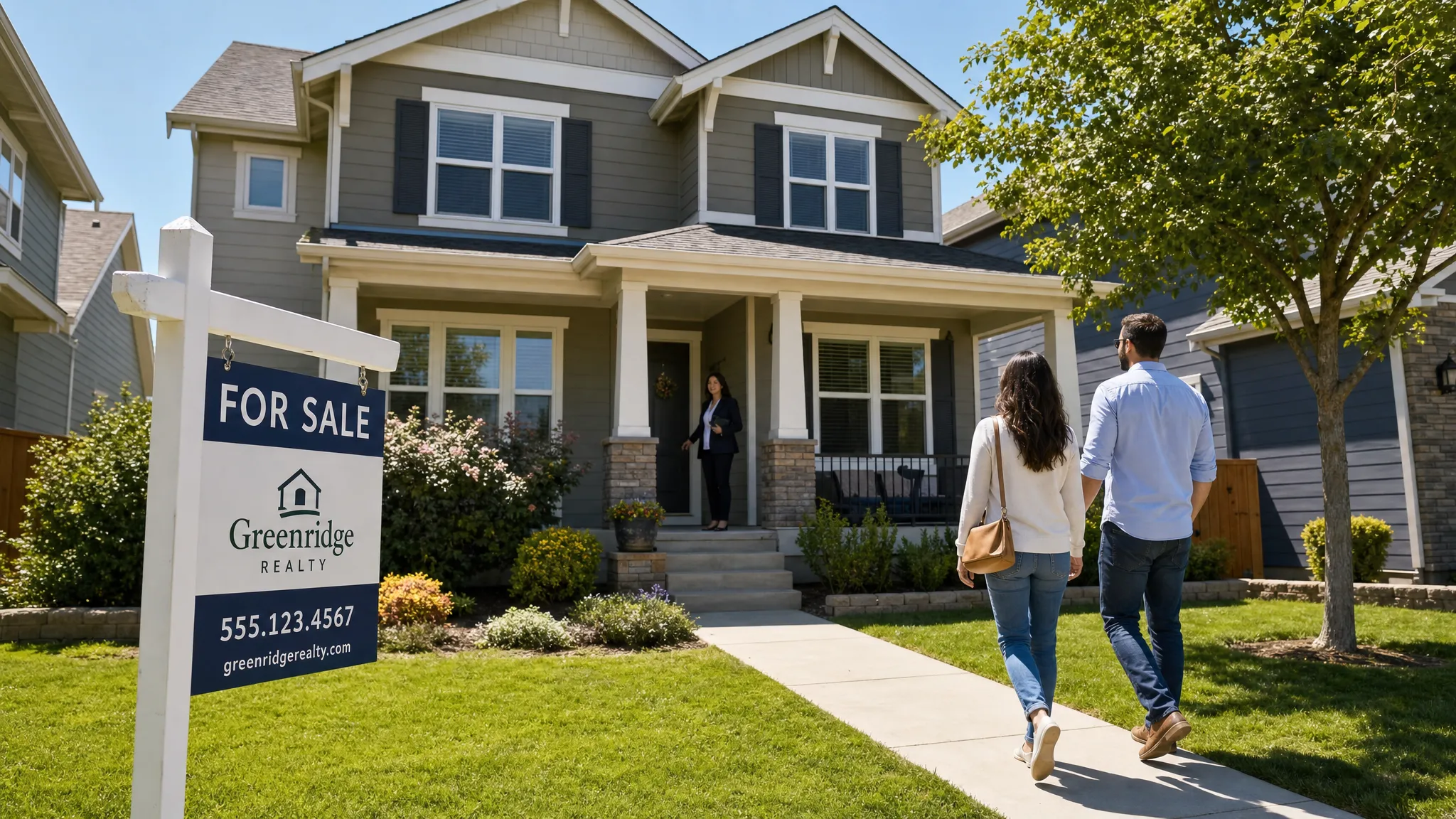 A freshly listed suburban home with a real estate sign in the front yard, a tidy walkway, and buyers arriving for an early showing on a clear day.
