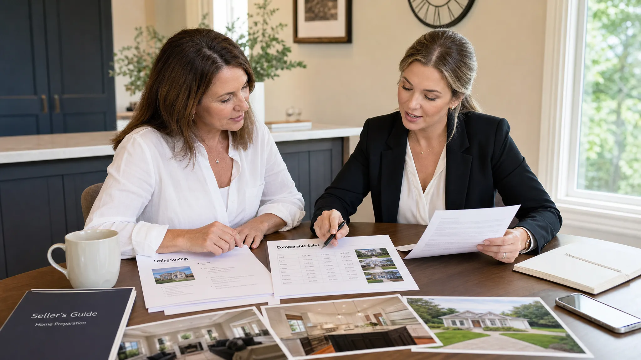 A home seller and real estate professional reviewing listing paperwork, comparable sales, and property photos at a table before putting a house on the market.