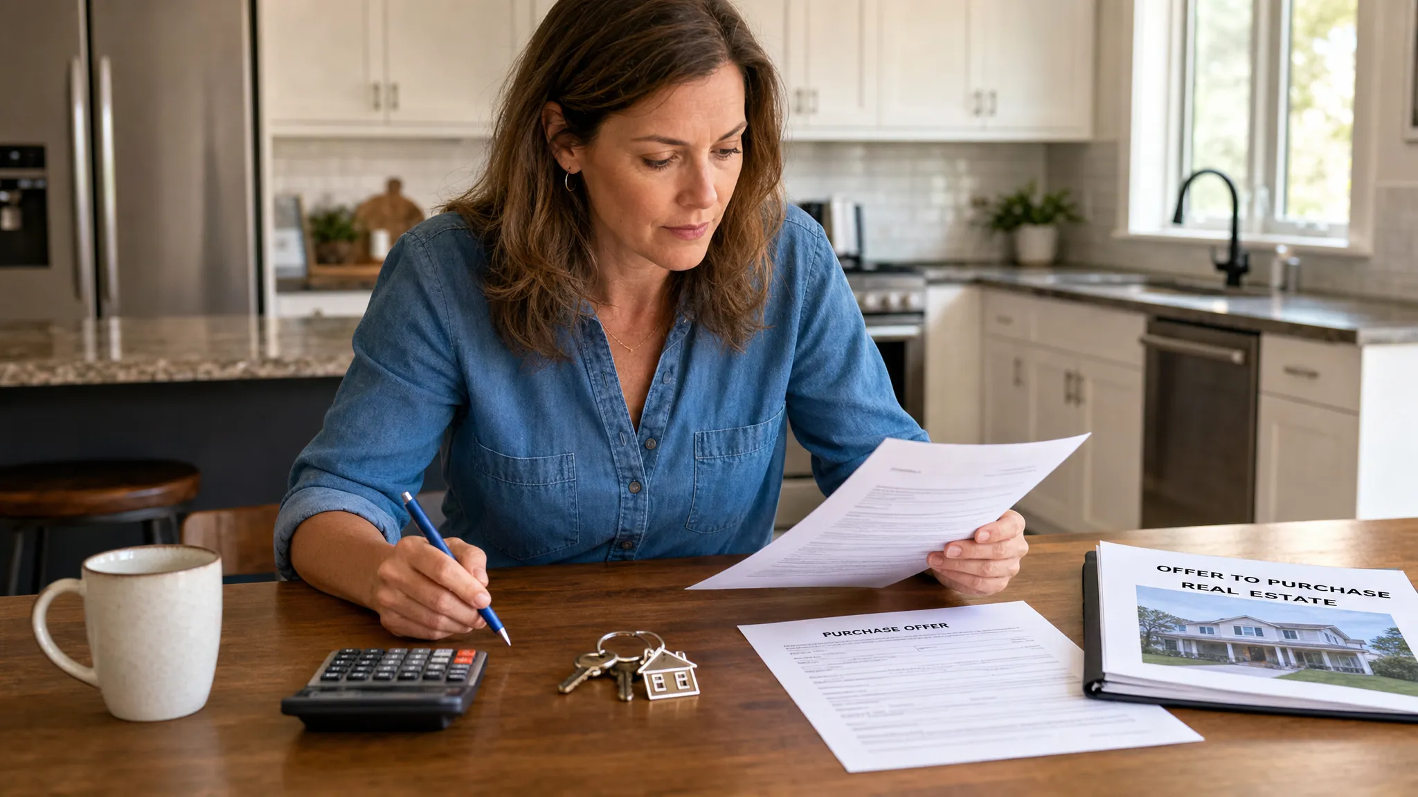 A home seller reviewing real estate paperwork at a kitchen table with a calculator, house keys, a pen, and printed offer documents neatly arranged beside a cup of coffee.