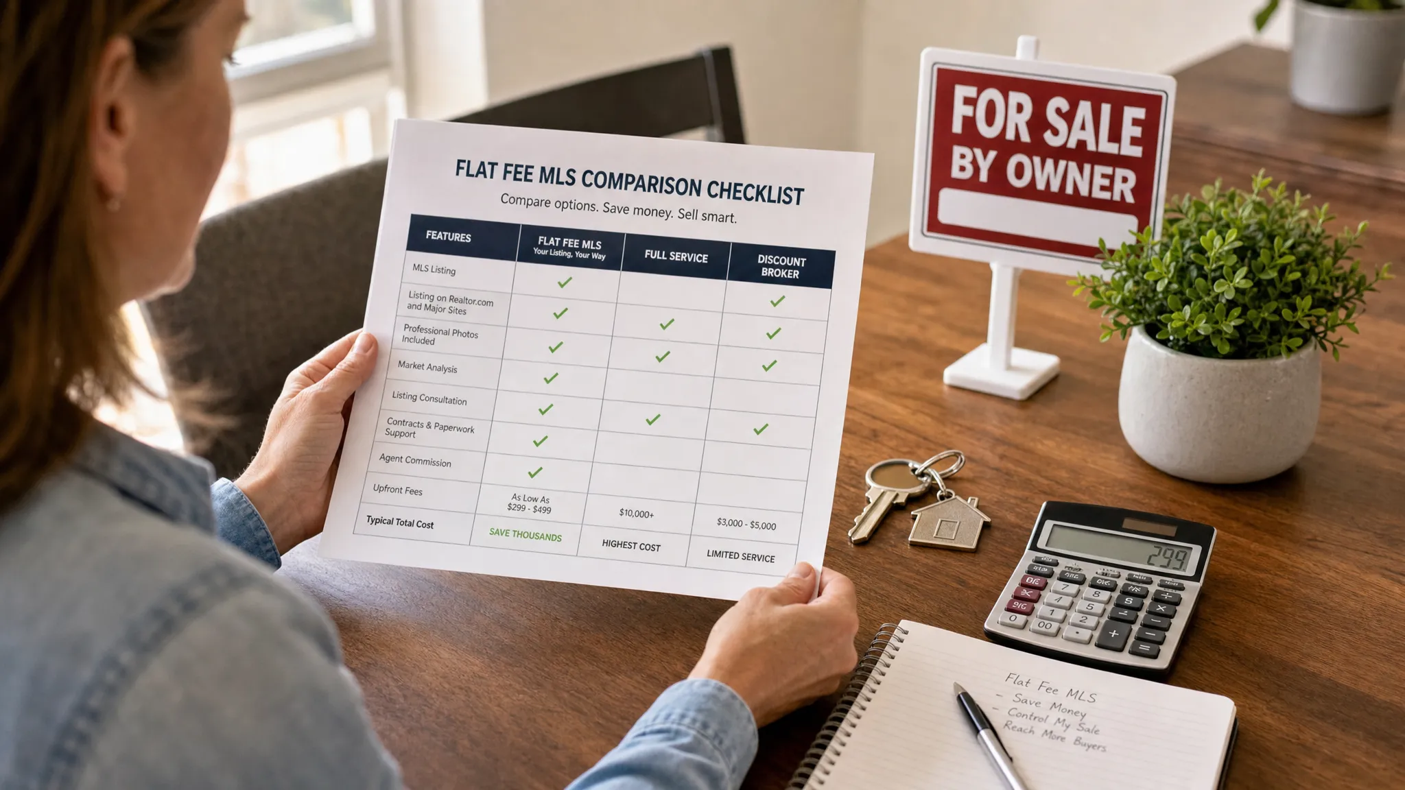 A home seller reviews a printed flat fee MLS comparison checklist beside house keys, a calculator, and a small for-sale sign on a dining table.