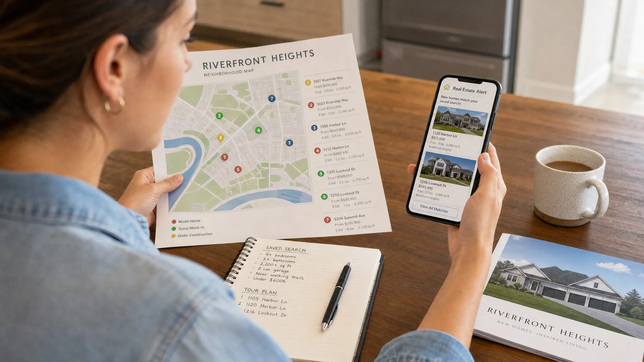A homebuyer reviews a printed neighborhood map, saved search notes, and a phone showing a real estate alert while planning which new homes to tour that day.