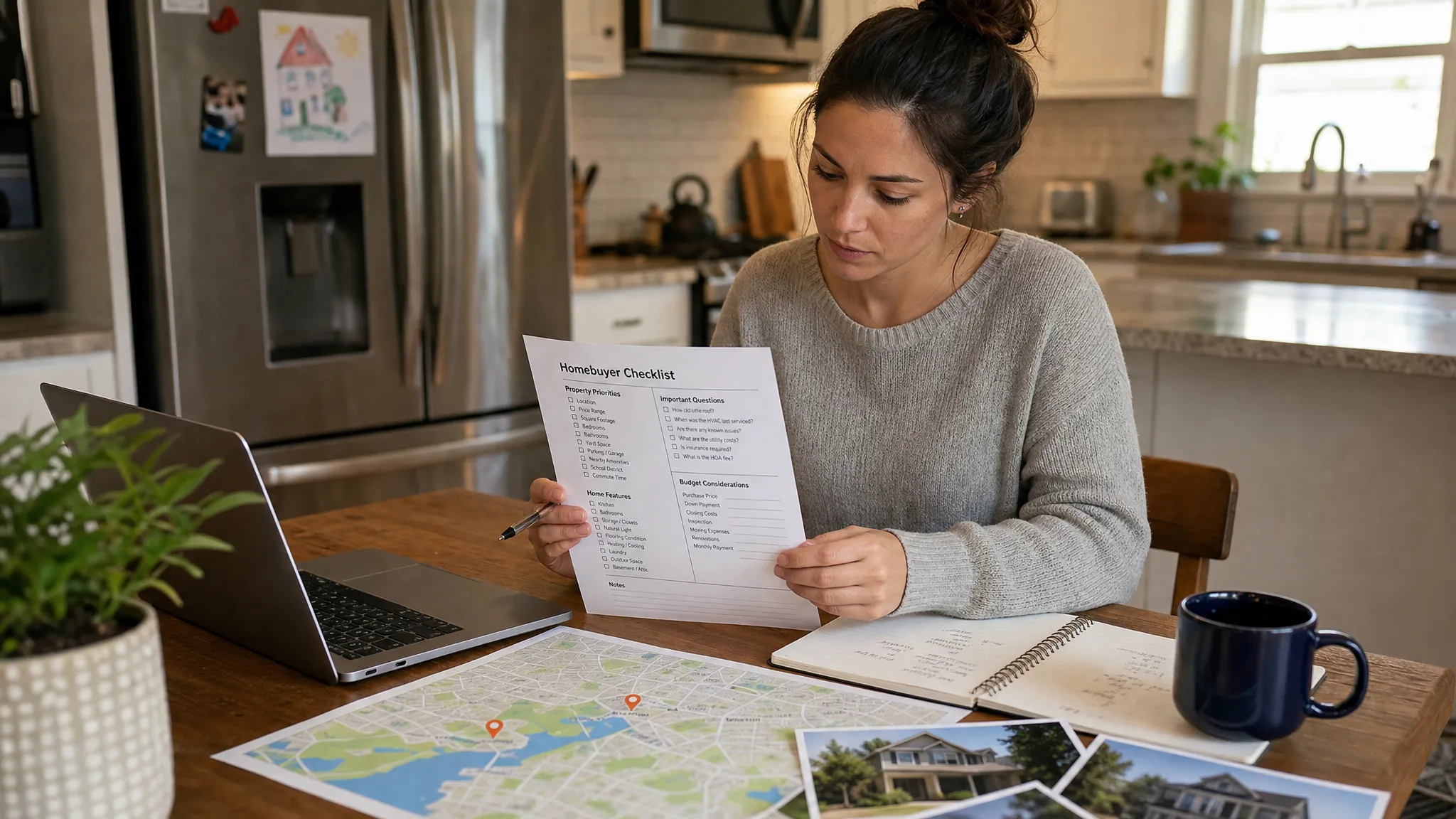 A homebuyer reviews a printed property checklist, neighborhood map, and house photos at a kitchen table while preparing for weekend showings.