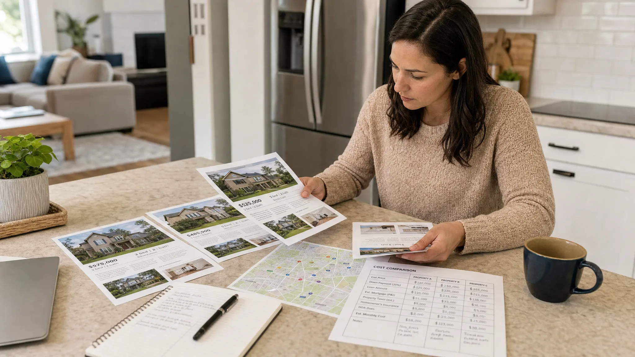 A homebuyer reviews printed MLS listing sheets, a neighborhood map, and a simple cost comparison worksheet at a kitchen island while evaluating several houses for sale.