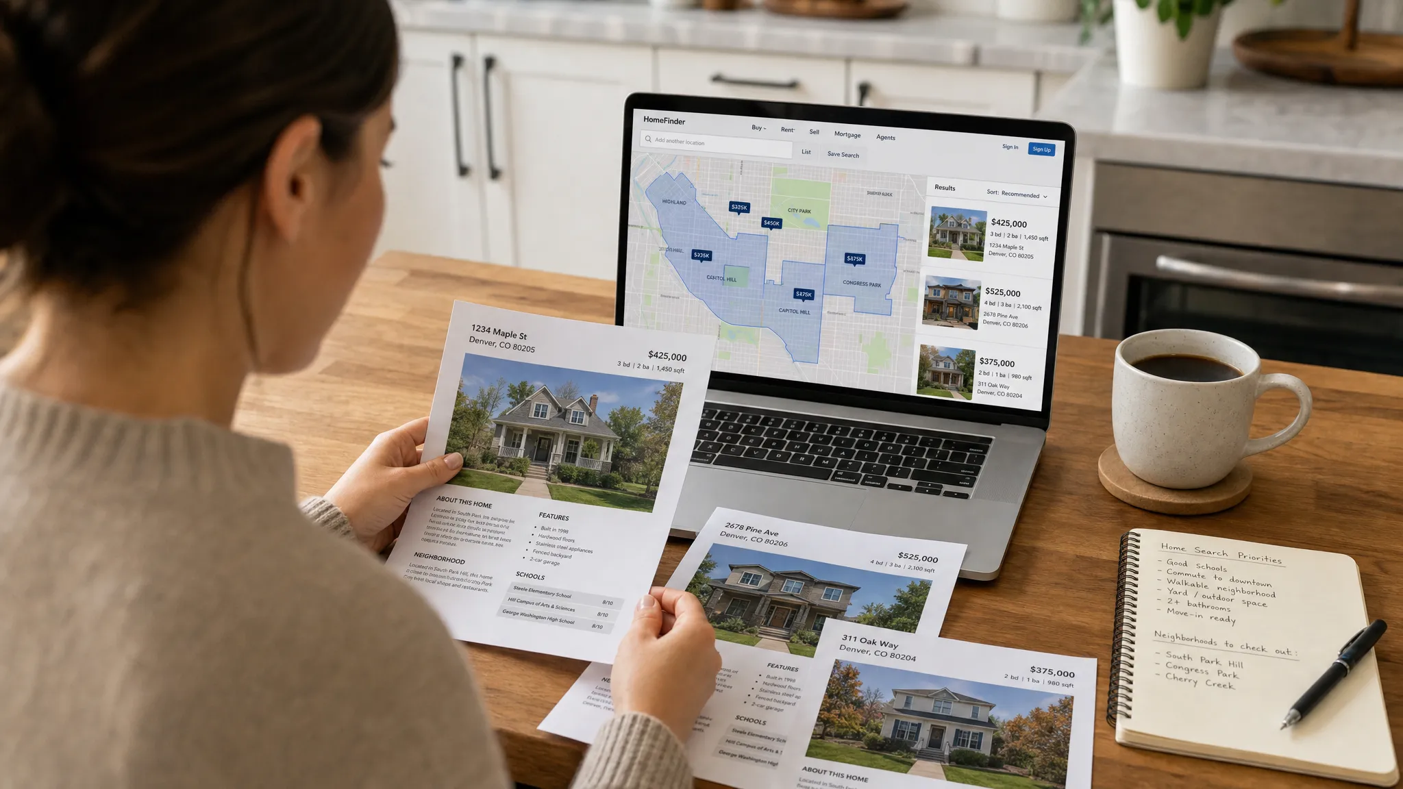A homebuyer reviews printed property listing sheets on a kitchen table beside a laptop showing a map-based real estate search, with highlighted neighborhoods, notes, and a coffee mug nearby.