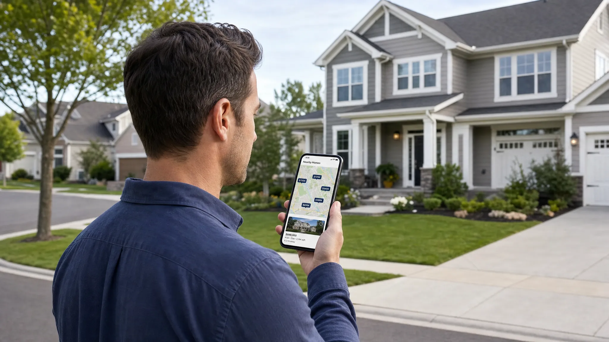 A homebuyer standing outside a suburban house with a phone showing a local real estate map, with nearby homes and neighborhood streets visible in the background.