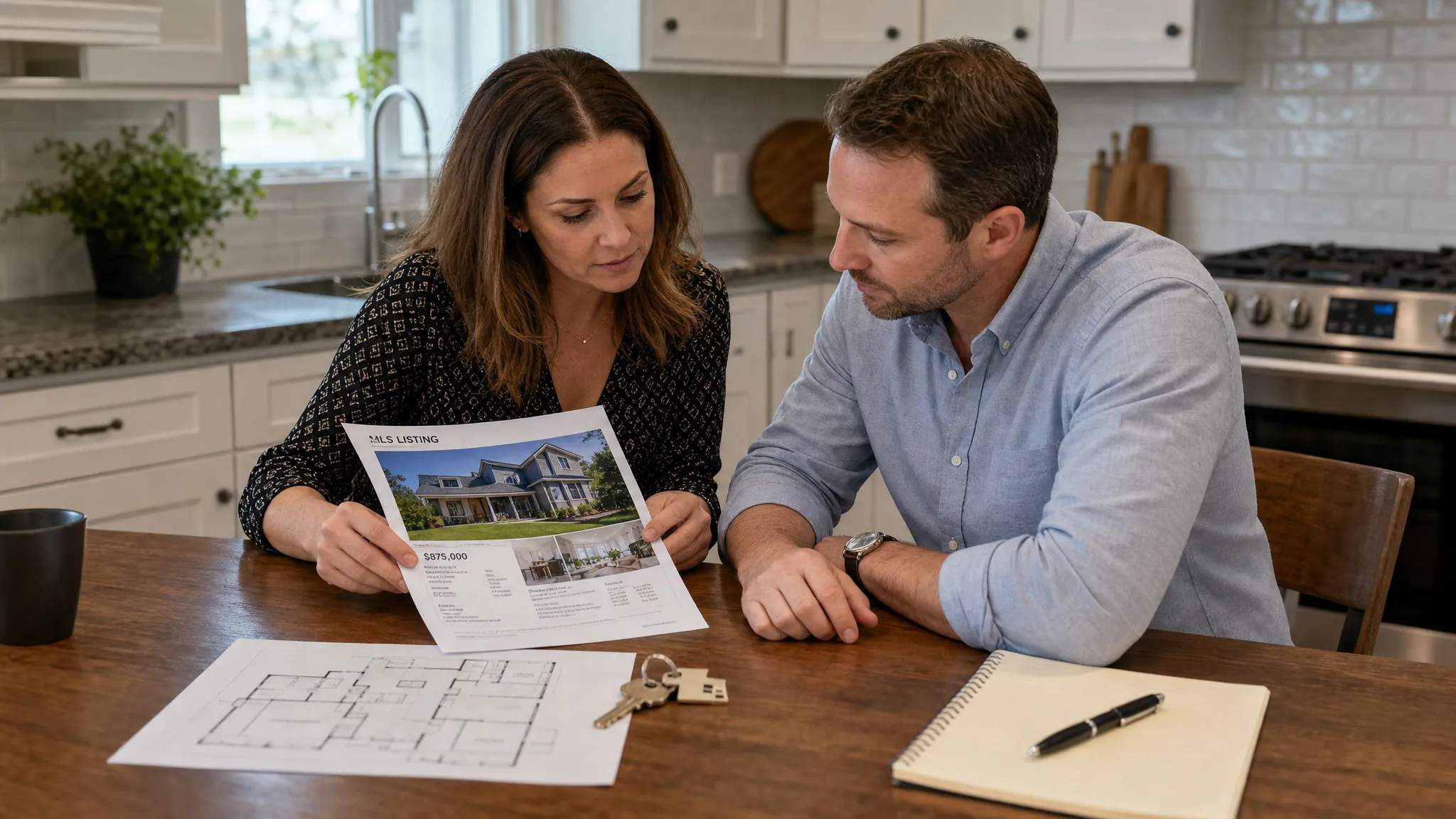A homeowner and a prospective buyer reviewing a printed MLS property listing on a kitchen table with a house key, floor plan, pen, and notepad nearby.
