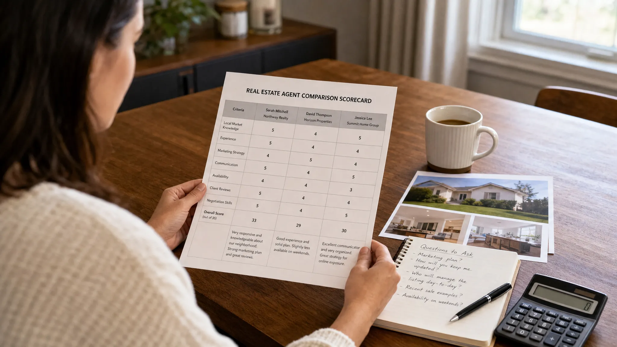 A homeowner reviewing a printed real estate agent comparison scorecard on a dining room table with property photos, notes, and a calculator nearby.