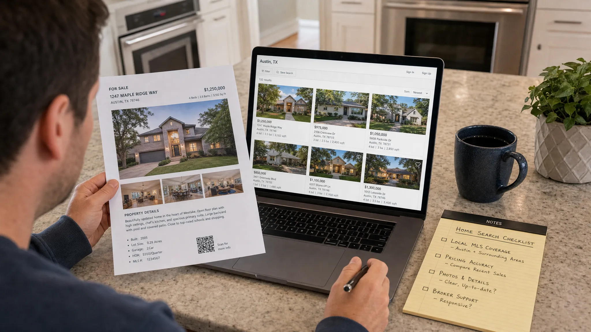 A homeowner reviews a printed property listing beside a laptop showing a real estate search page, with notes about local MLS coverage, pricing, photos, and broker support on the table, viewed from slightly above across a kitchen counter.