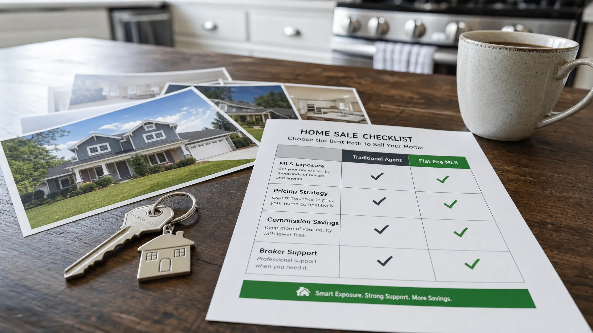 A kitchen table with house keys, property photos, and a home sale checklist comparing MLS exposure, pricing strategy, commission savings, and broker support.