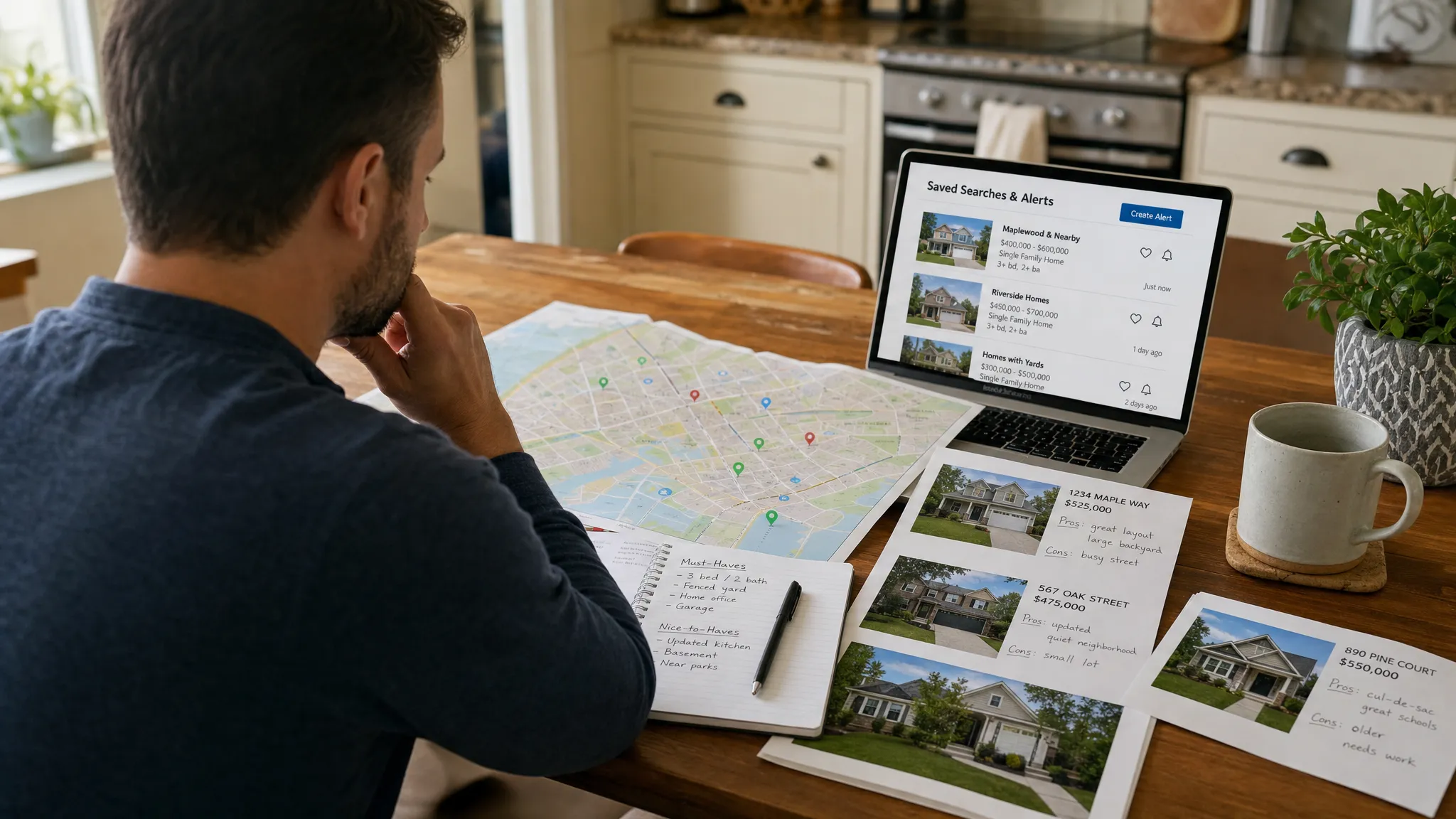 A local homebuyer reviewing a neighborhood map with marked streets, saved listing alerts, and printed property notes spread across a kitchen table.