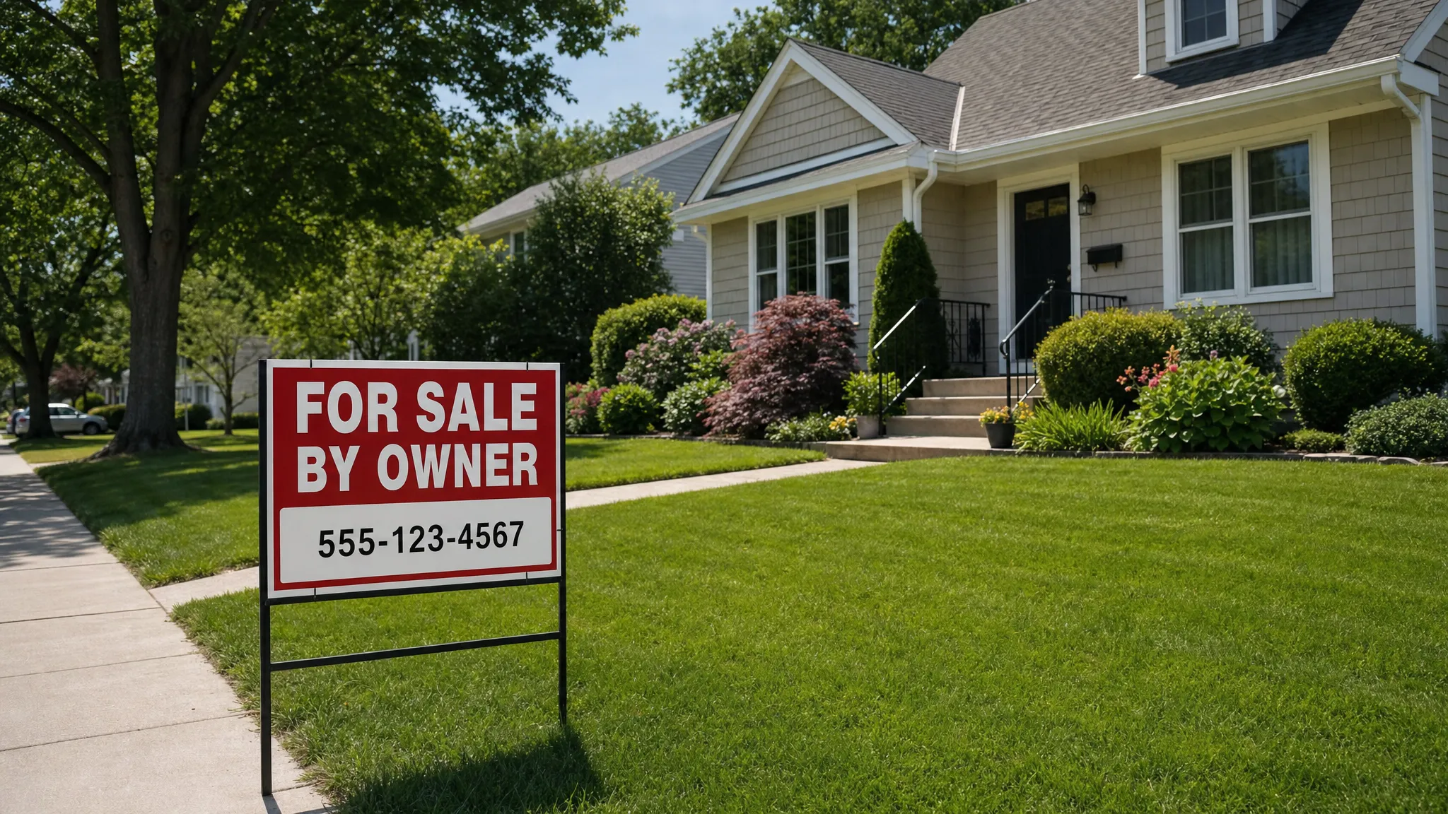 A quiet residential street with a well-kept single-family home, a front lawn, and a clear For Sale By Owner sign near the sidewalk.