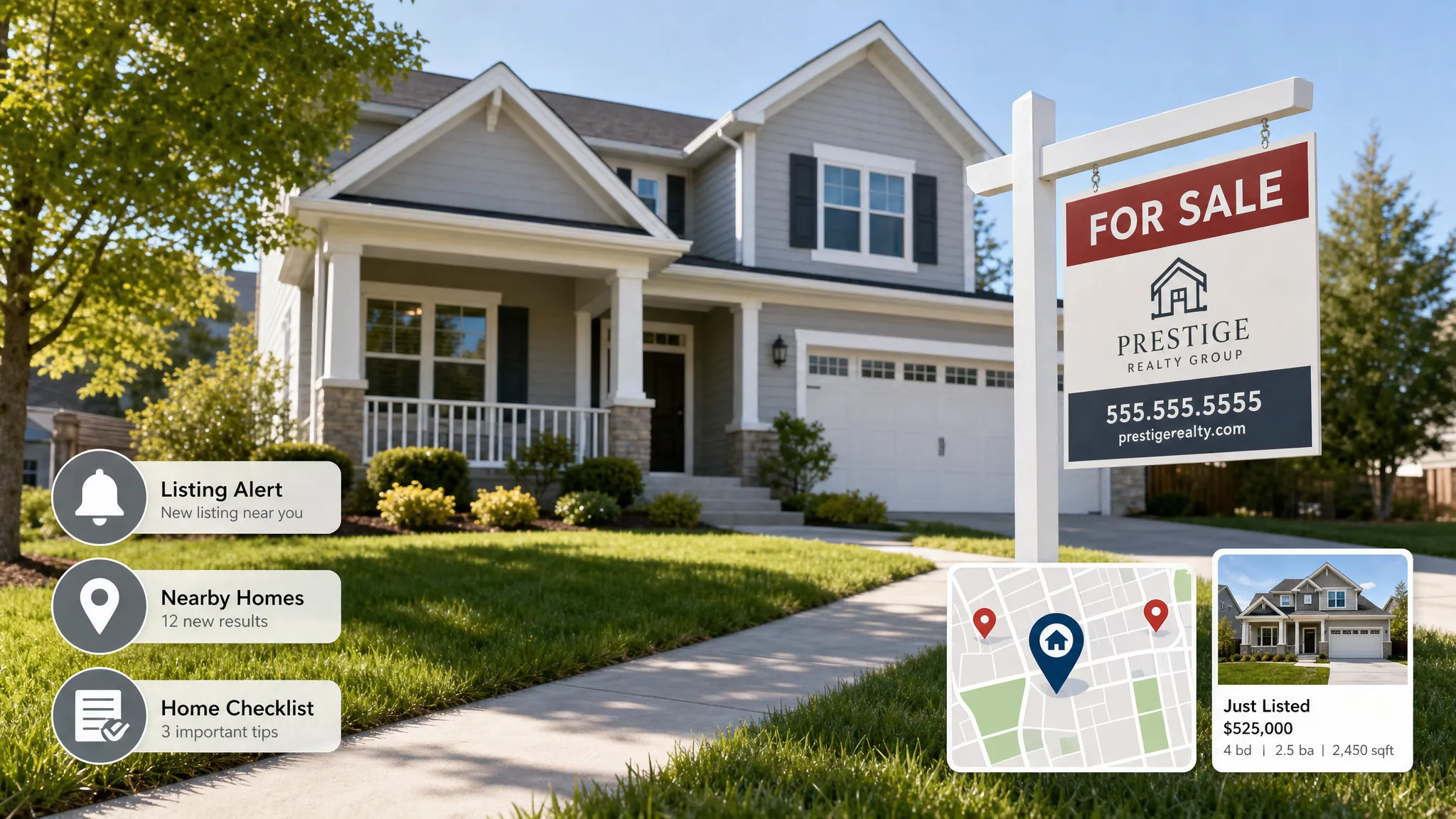 A well-lit house exterior with a real estate sign in the yard, shown from a low angle with the front walk and lawn in view, plus subtle nearby icons for listing alerts, map markers, and checklist notes suggesting online exposure.