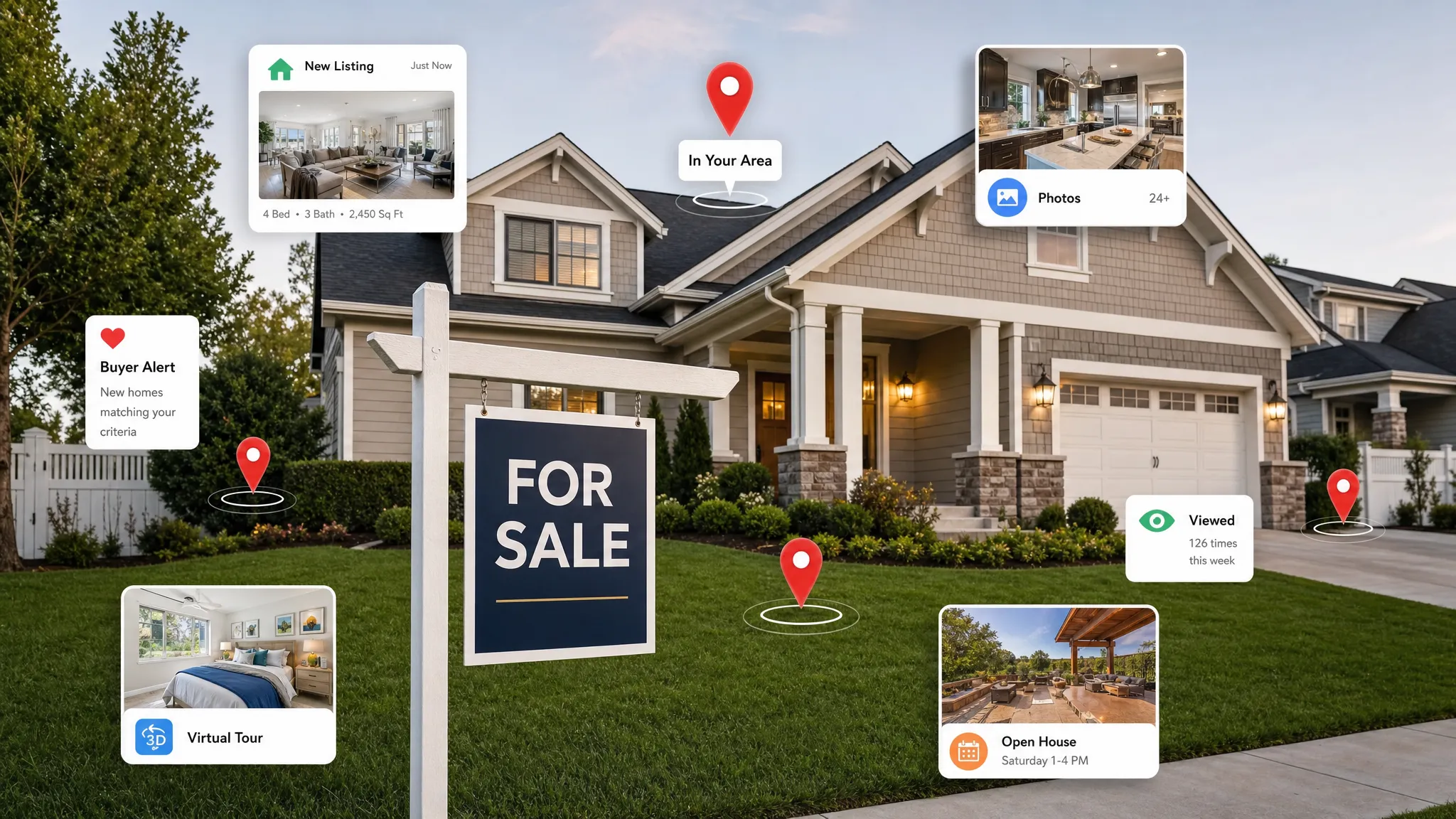A well-presented home with a for sale sign in the front yard, with subtle listing icons, map pins, buyer alert symbols, and photo thumbnails floating around it to suggest broad online exposure.
