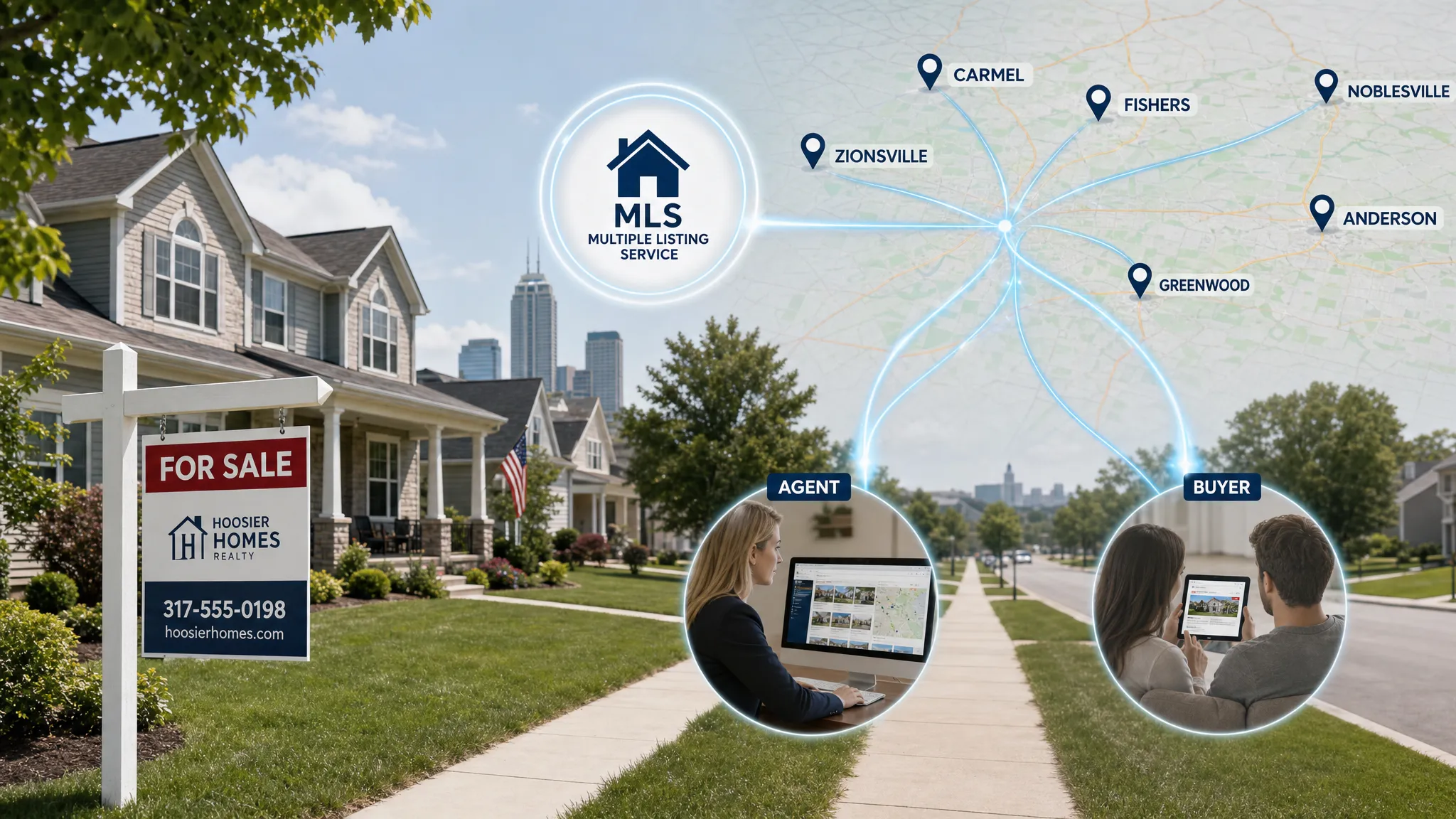 An Indiana residential street with a for-sale sign in front of a home, map pins marking nearby towns, and subtle lines showing how MLS data travels to agents and buyers.