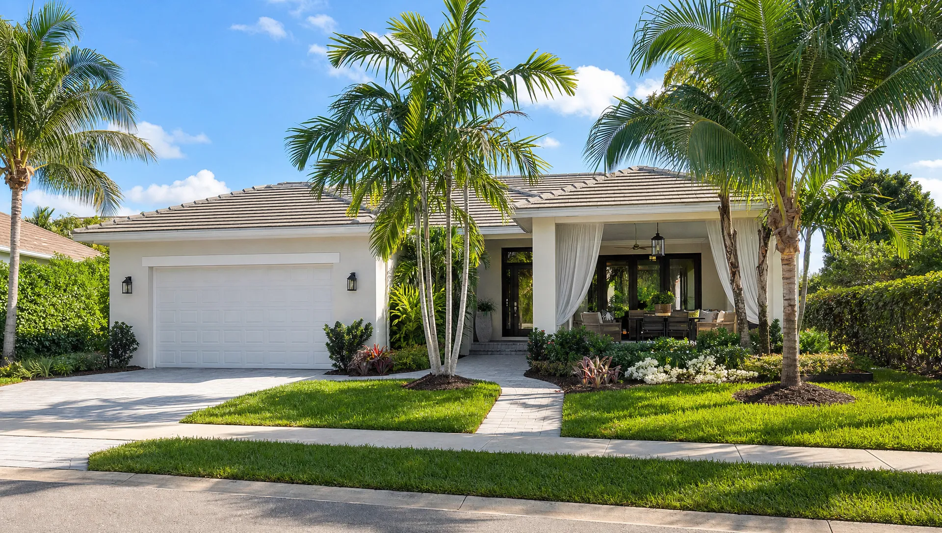 A bright Florida home exterior with palm trees, a clean driveway, open curtains, and a neatly staged patio ready for MLS listing photos, shown from a slightly wider curbside view with the front walk and landscaping visible.