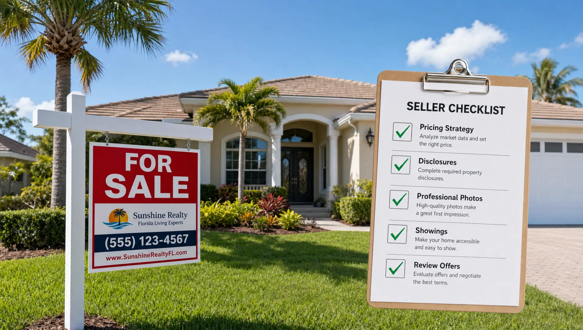 A bright Florida home with palm trees, a for sale sign in the front yard, and a seller checklist showing pricing, disclosures, photos, showings, and offers.
