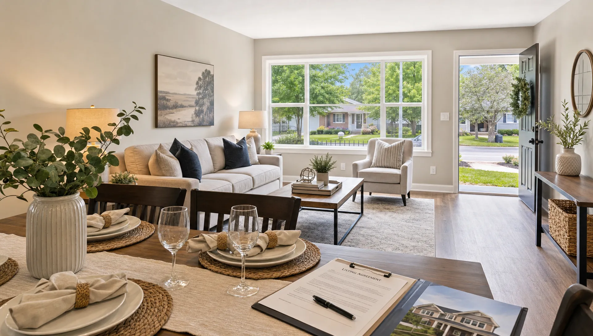 A bright staged living and dining area with a neatly set table, listing paperwork, and a clear view of the front yard through a wide window, suggesting the home is ready for MLS photos and showings.
