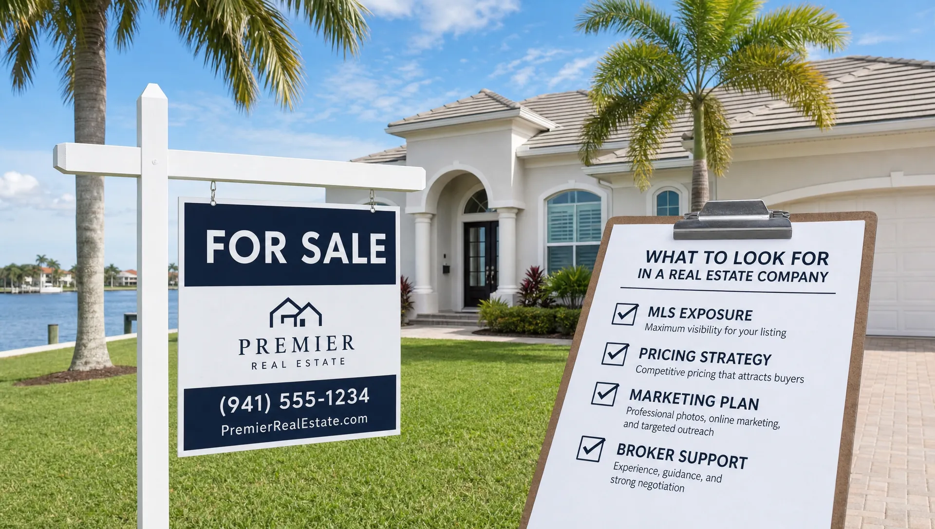 A Florida home exterior with a for-sale sign, palm trees, and a checklist showing MLS exposure, pricing, marketing, and broker support as key factors in choosing a real estate company.