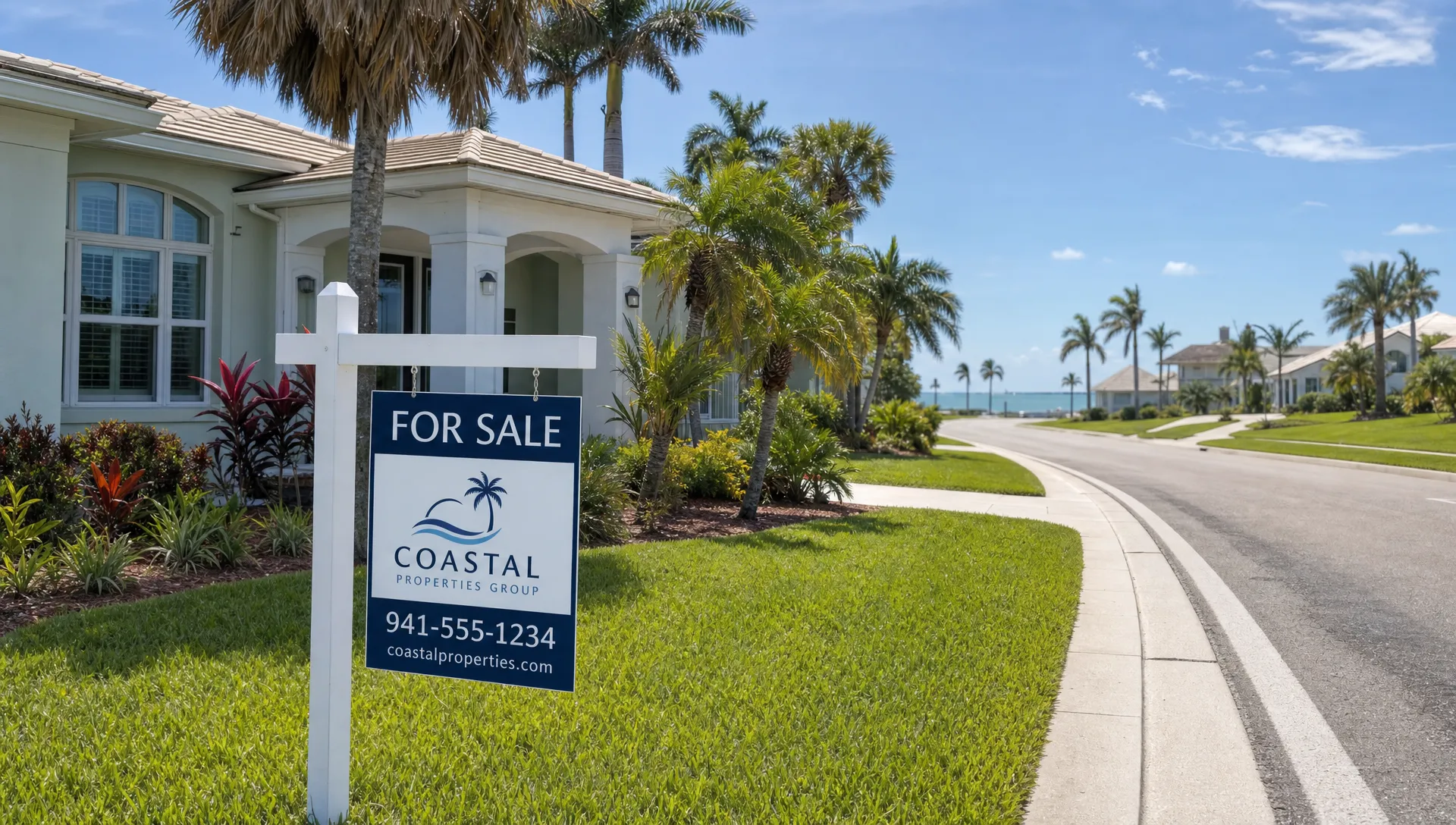A Florida home for sale with a clean yard sign in front, palm trees nearby, and a coastal neighborhood street in the background.