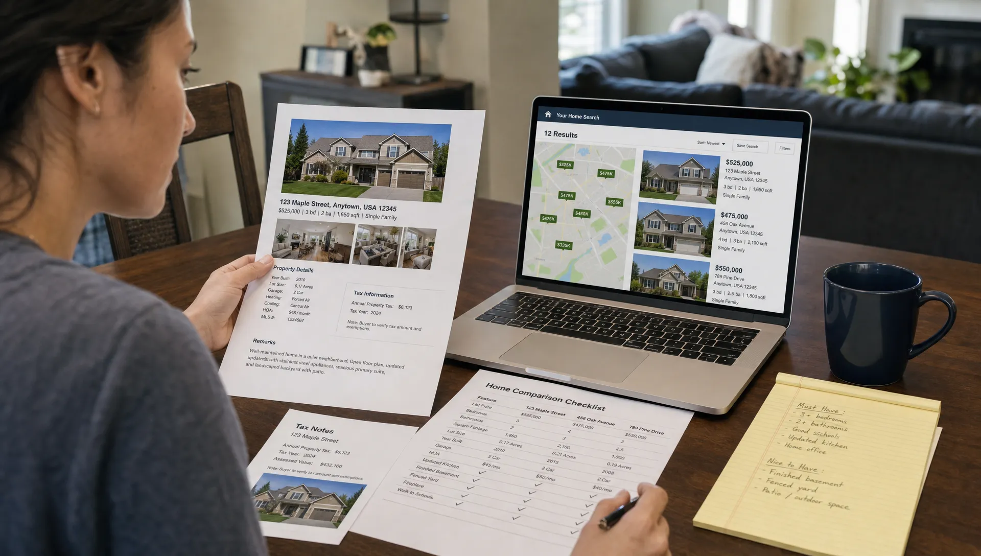 A home buyer reviewing printed MLS listing details, property photos, tax notes, and a comparison checklist at a dining table, with a laptop open to a real estate search page facing the camera.