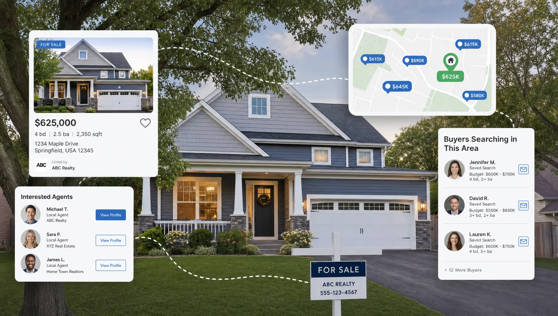 A home for sale in a residential neighborhood with subtle listing cards, map pins, and agent search results surrounding it to show how local MLS access connects the property to buyers.
