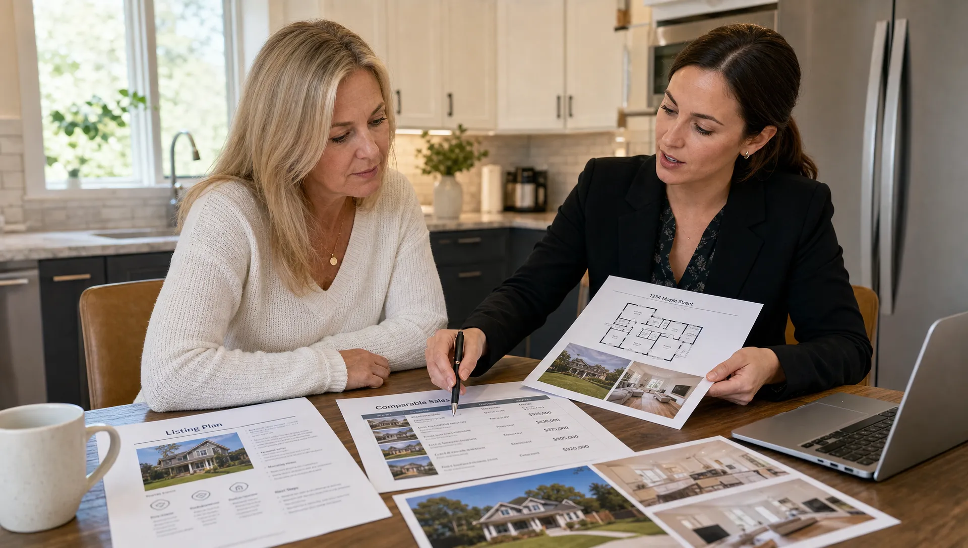 A home seller and real estate broker reviewing a printed listing plan, local comparable sales, and property photos spread across a kitchen table before putting a house on the market.