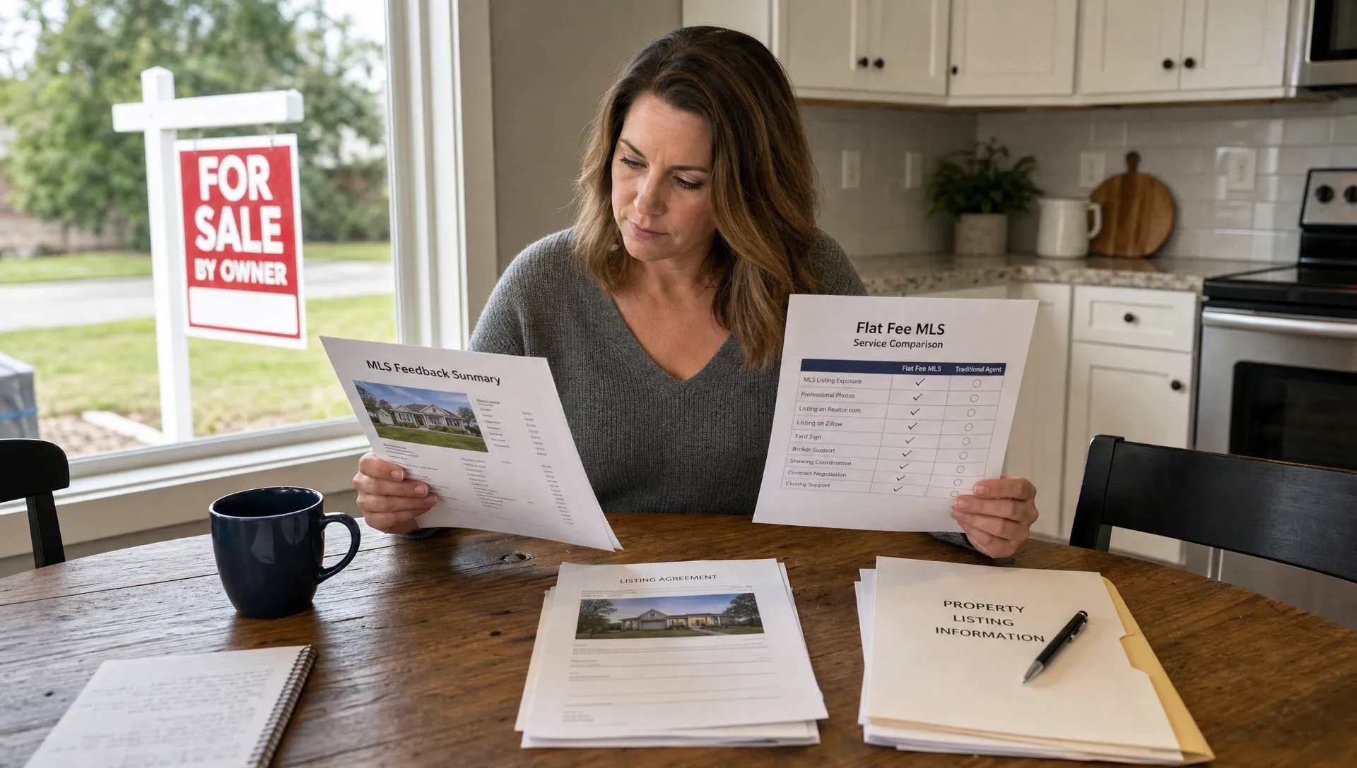 A home seller reviews printed flat fee MLS feedback, a service comparison checklist, and property listing paperwork at a kitchen table, with a for sale sign visible through the window nearby.