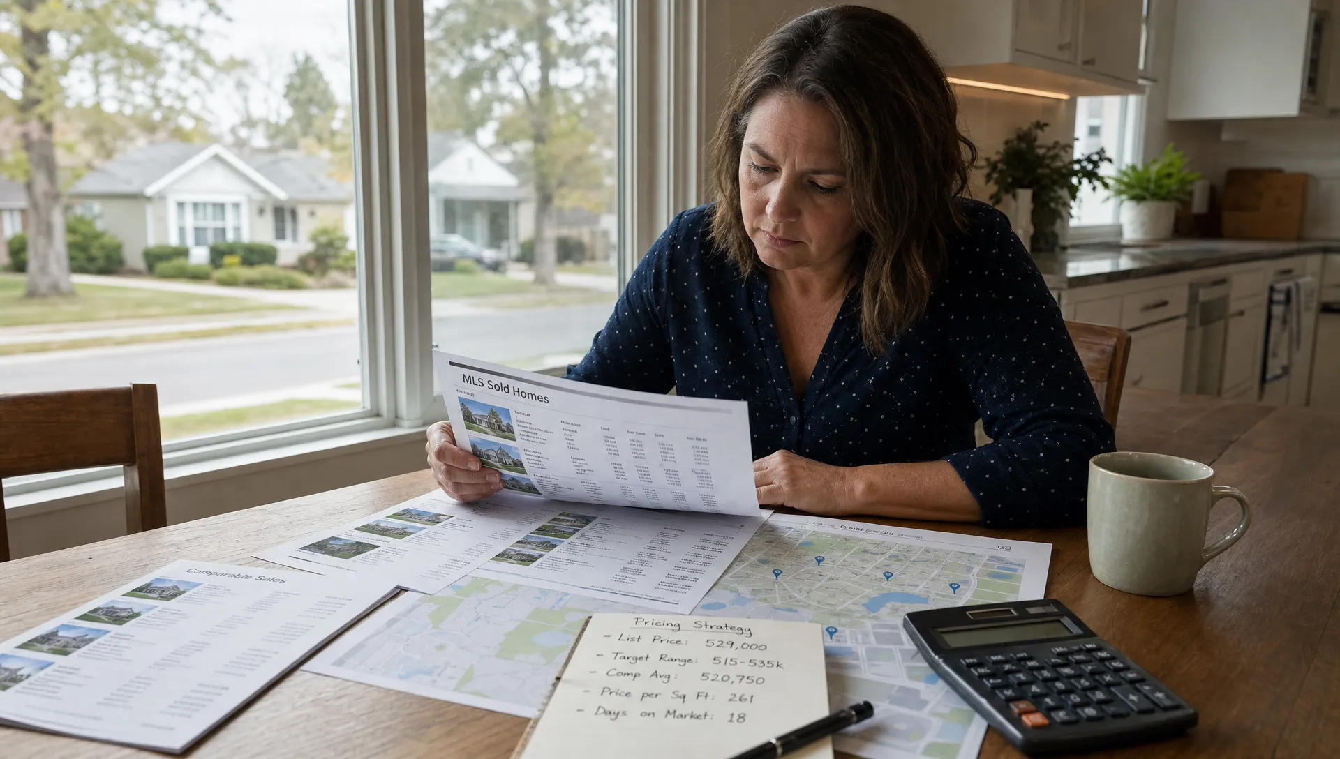 A home seller reviews printed MLS sold homes reports, a neighborhood map, a calculator, and handwritten pricing notes on a kitchen table while comparing recent comparable sales, with daylight from a nearby window and a quiet residential street visible outside.