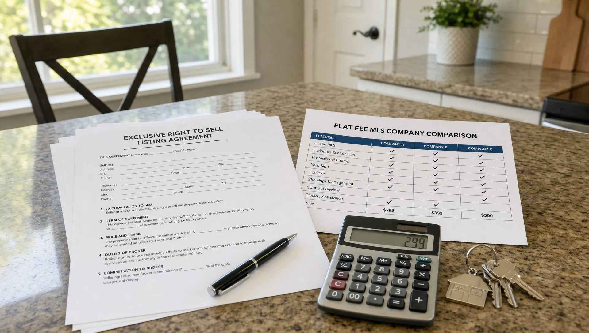 A home seller's desk with printed real estate listing agreements, a calculator, a pen, house keys, and a comparison checklist for flat fee MLS companies, arranged in a neat close-up on a kitchen counter with a window and chair in the background.