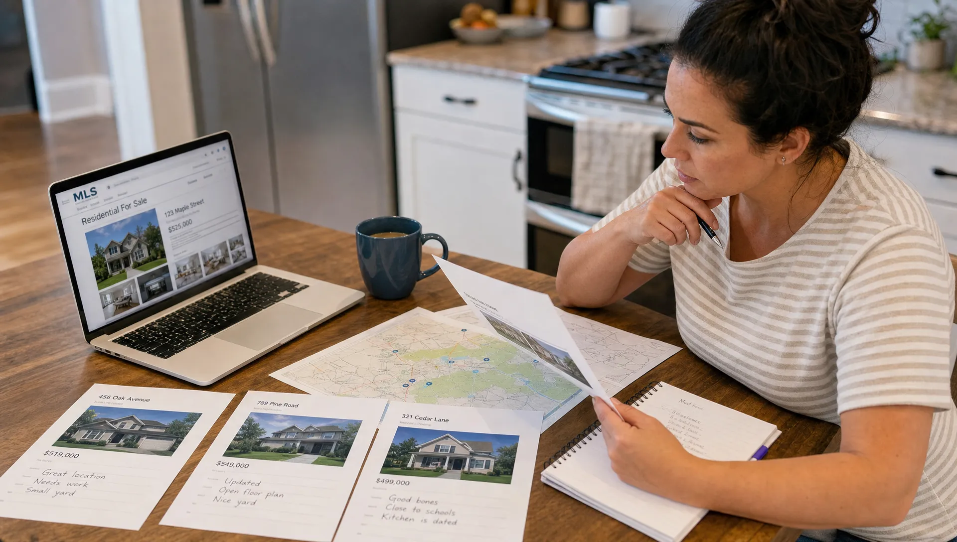 A homebuyer reviewing a neighborhood map, property notes, and printed MLS listing details on a kitchen table while comparing local homes for sale.