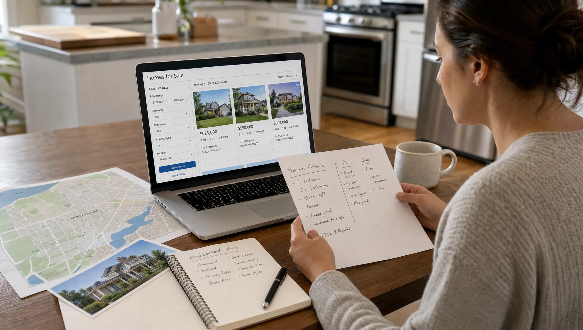A homebuyer reviewing a printed neighborhood map, property listing notes, and a laptop facing the camera with a real estate search page open, comparing homes by price, location, and features at a kitchen table.