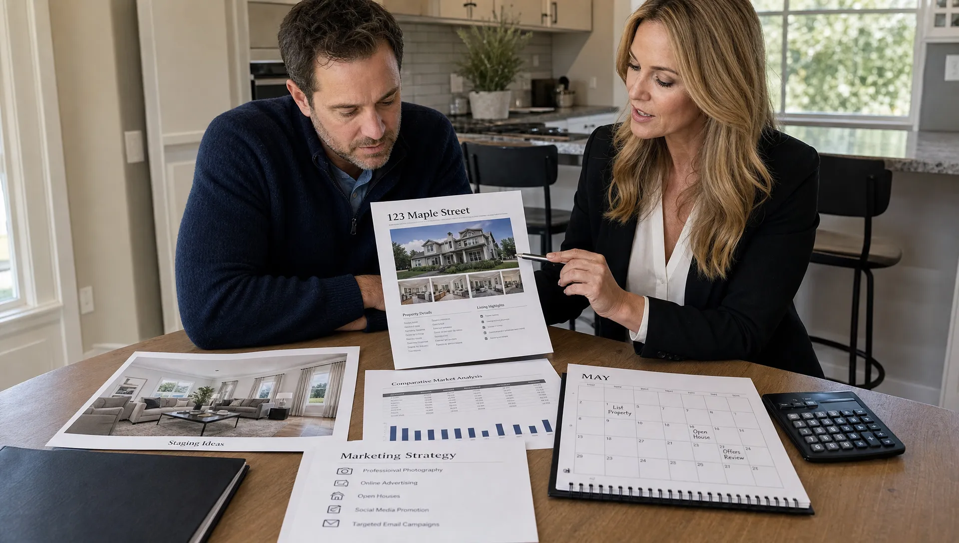 A homeowner and real estate professional sitting at a kitchen table with printed listing documents, property photos, a calculator, and a calendar while planning a home sale strategy.