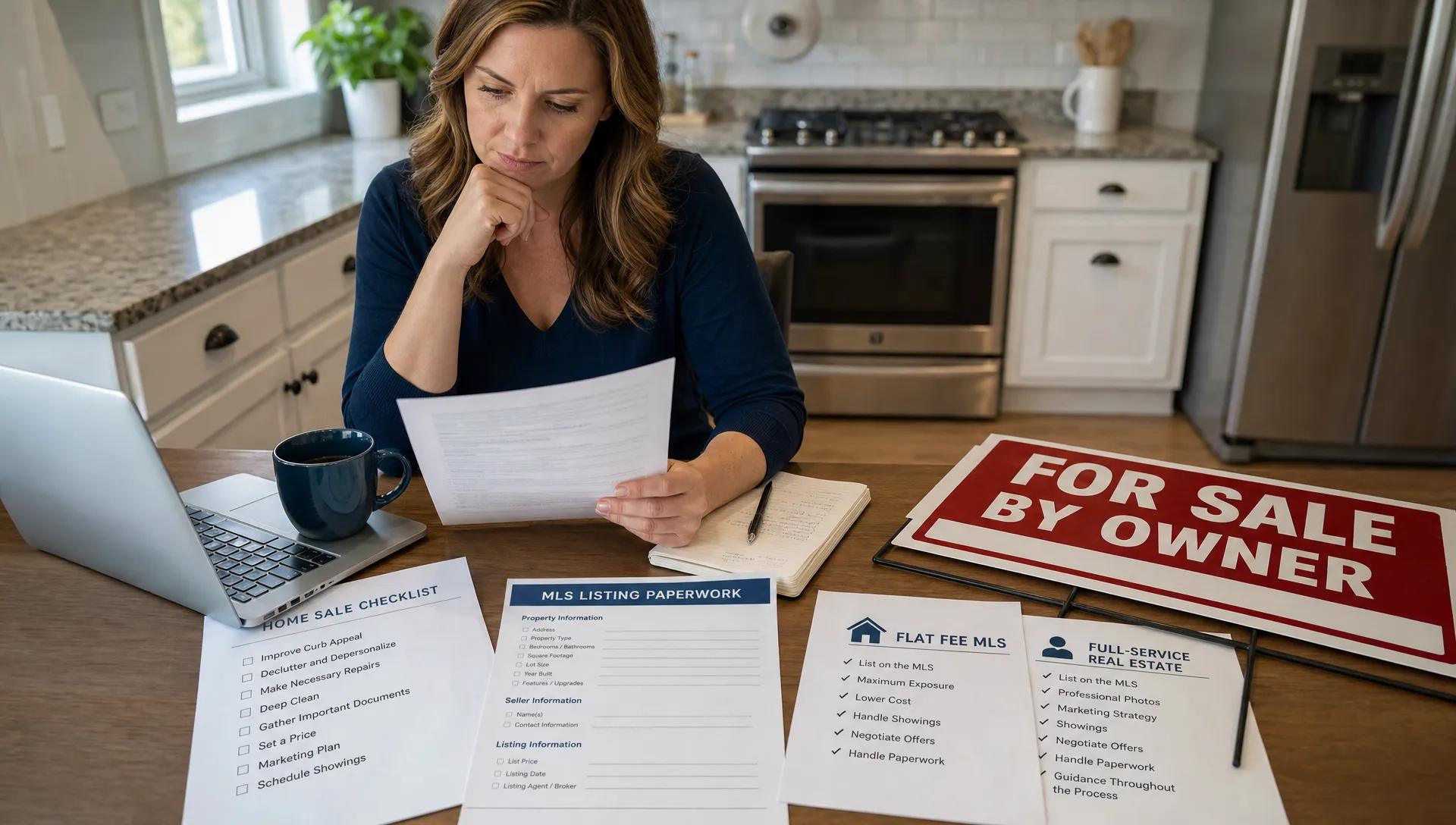 A homeowner reviewing a home sale checklist, MLS listing paperwork, and a yard sign on a kitchen table while preparing to choose between flat fee MLS and full-service real estate help.