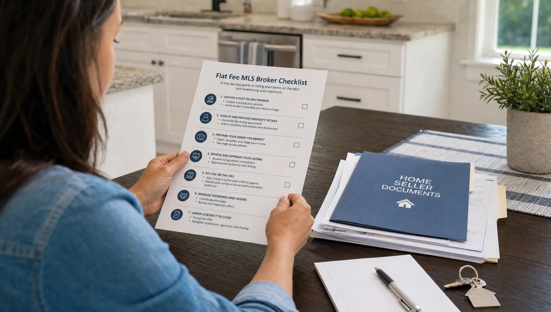 A homeowner reviewing a printed flat fee MLS broker checklist at a kitchen table with house keys, a pen, and neatly organized real estate documents nearby.