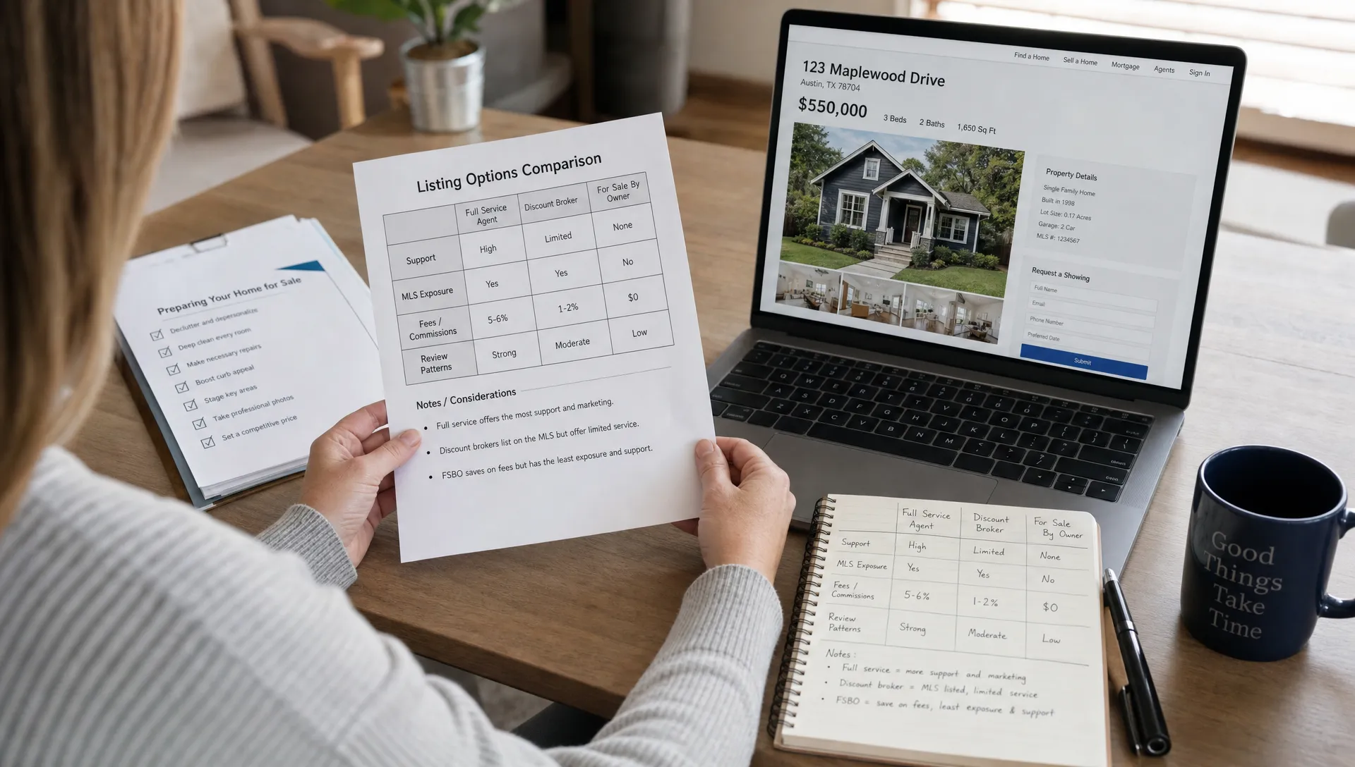 A homeowner reviewing printed real estate documents, a laptop with a property listing open, and notes comparing support, MLS exposure, fees, and review patterns on a desk, with the papers and notebook spread in a neat cluster and the screen facing the camera.