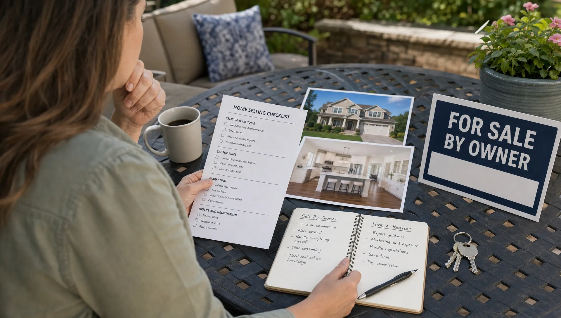 A homeowner reviews a home selling checklist, property photos, house keys, and a yard sign on a patio table while deciding between selling independently and hiring real estate help.