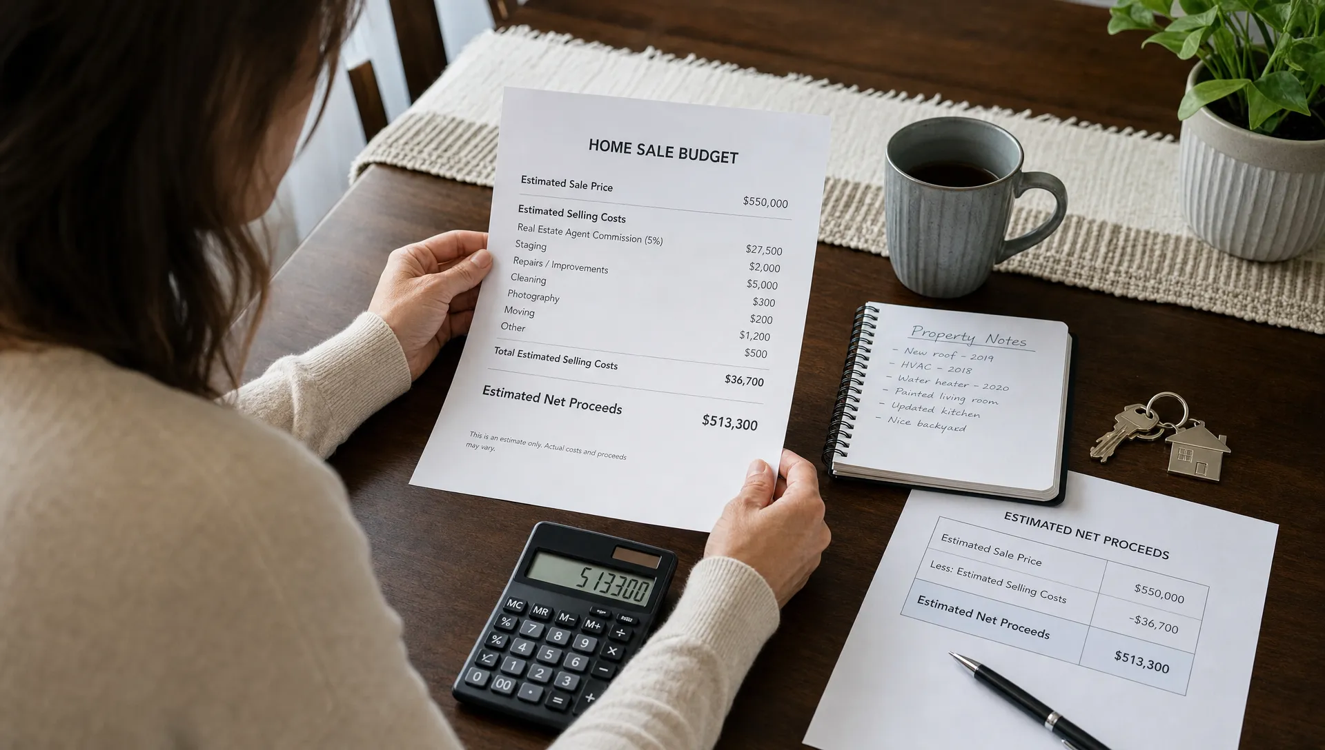 A homeowner reviews a simple real estate selling budget on a dining table with a calculator, house keys, property notes, and a printed net proceeds worksheet.