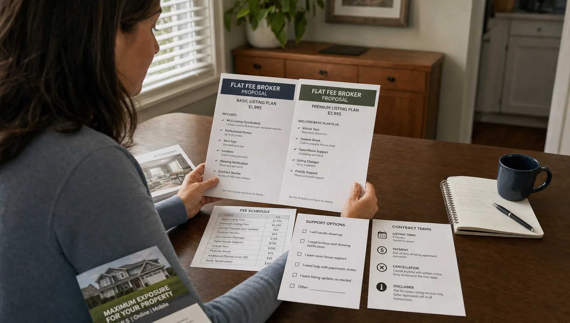 A homeowner reviews printed flat fee broker proposals at a dining table with brochures, a fee schedule, and a checklist of support options, comparing MLS access, service inclusions, and contract terms.
