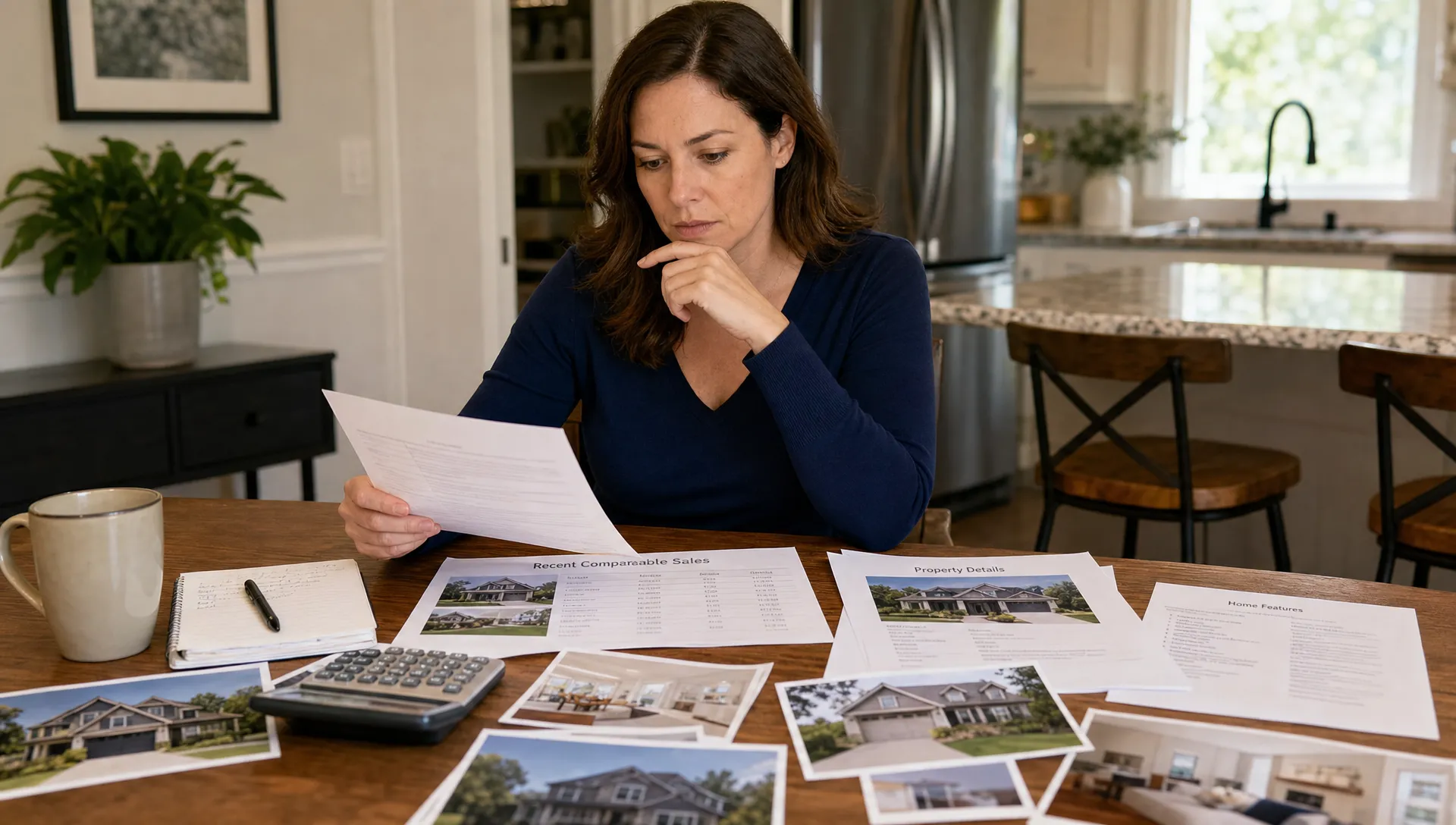 A homeowner reviews property documents, recent comparable sales, printed home photos, and a calculator on a kitchen table while preparing to choose a local real estate company.